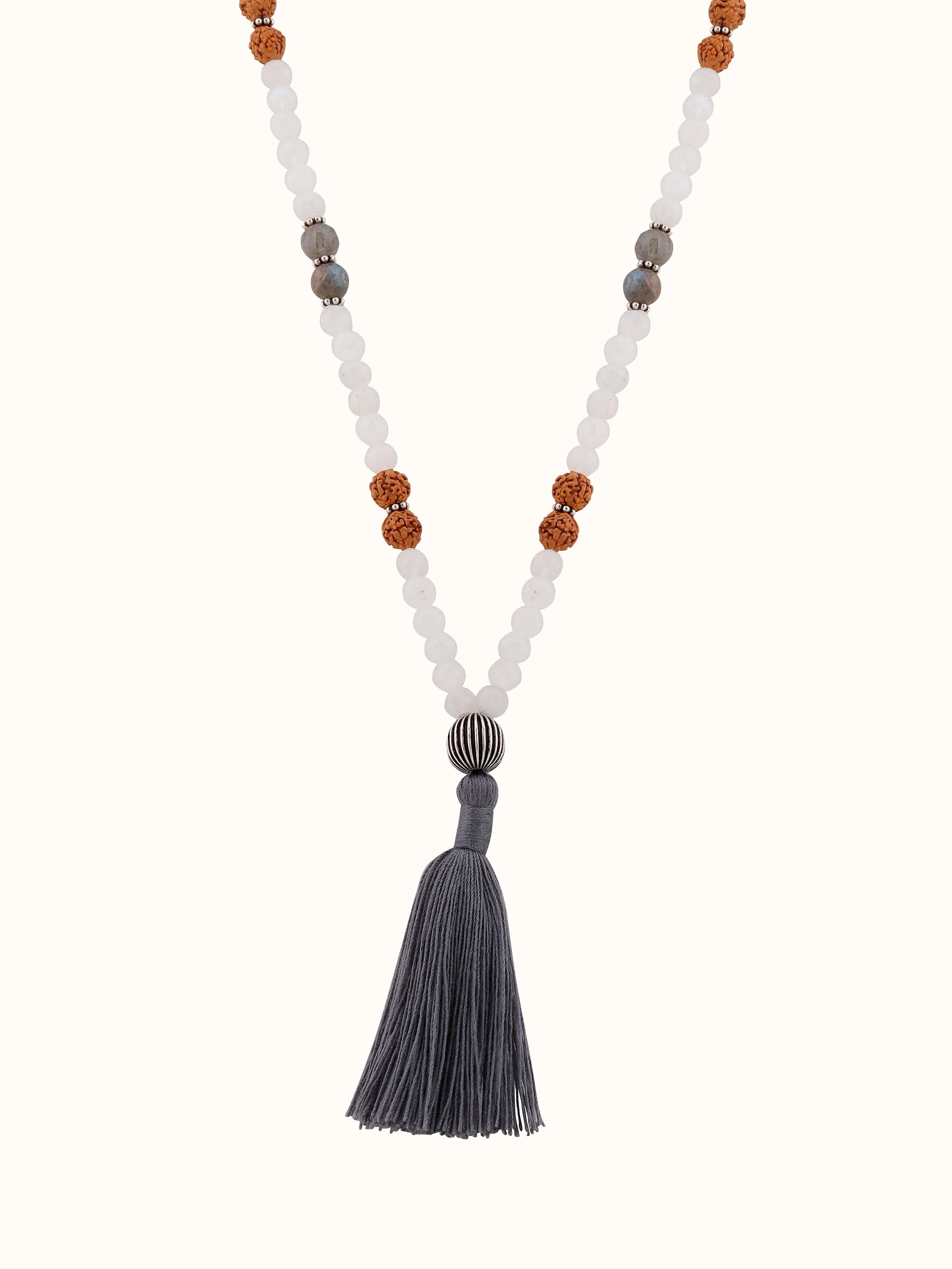 Front view of Labradorite, White Moonstone & Rudraksha Silver Mala, showcasing the complete mala in its entirety.