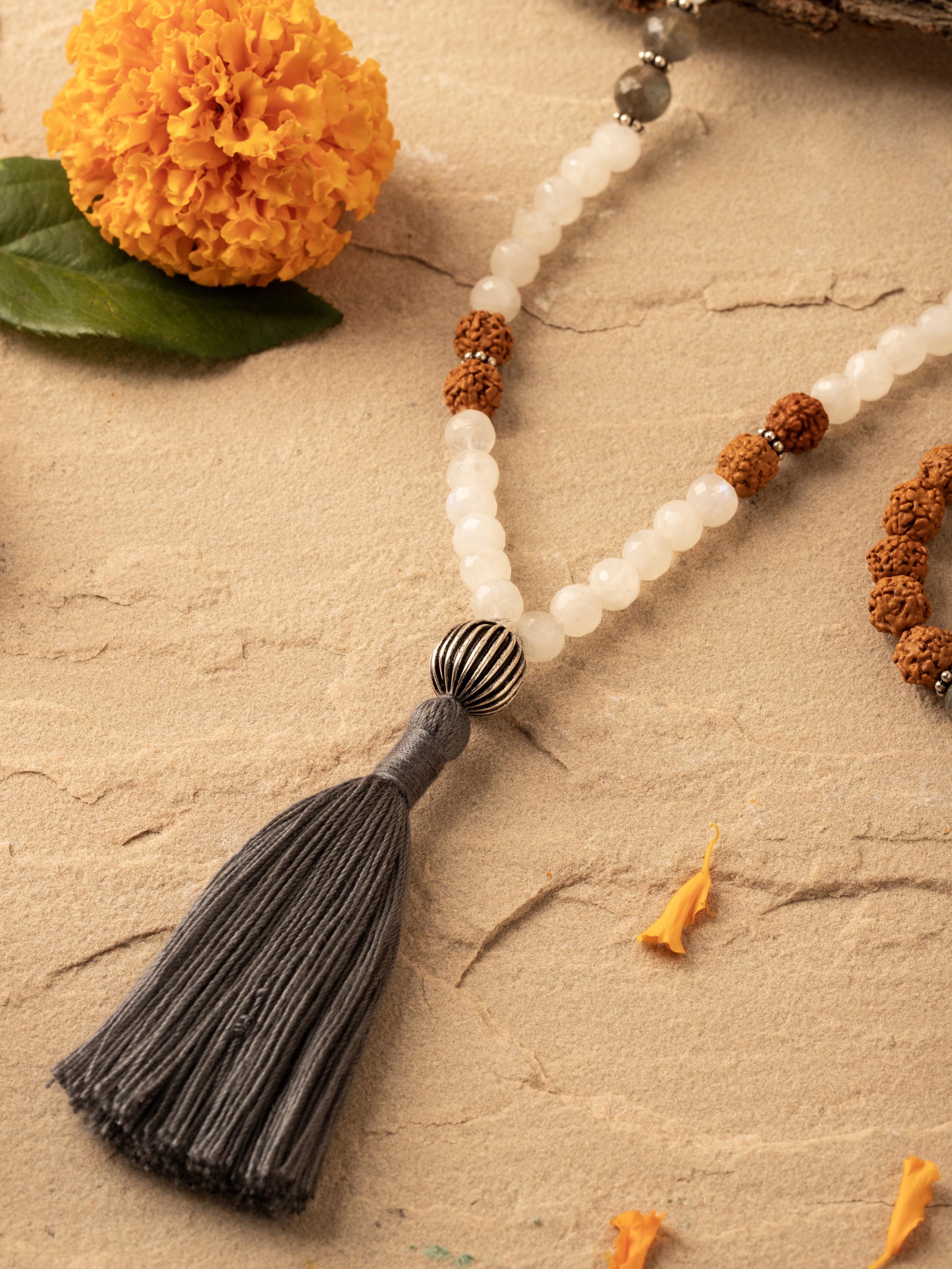 Close-up of Labradorite, White Moonstone & Rudraksha Silver Mala, focusing on the beads and silver details.