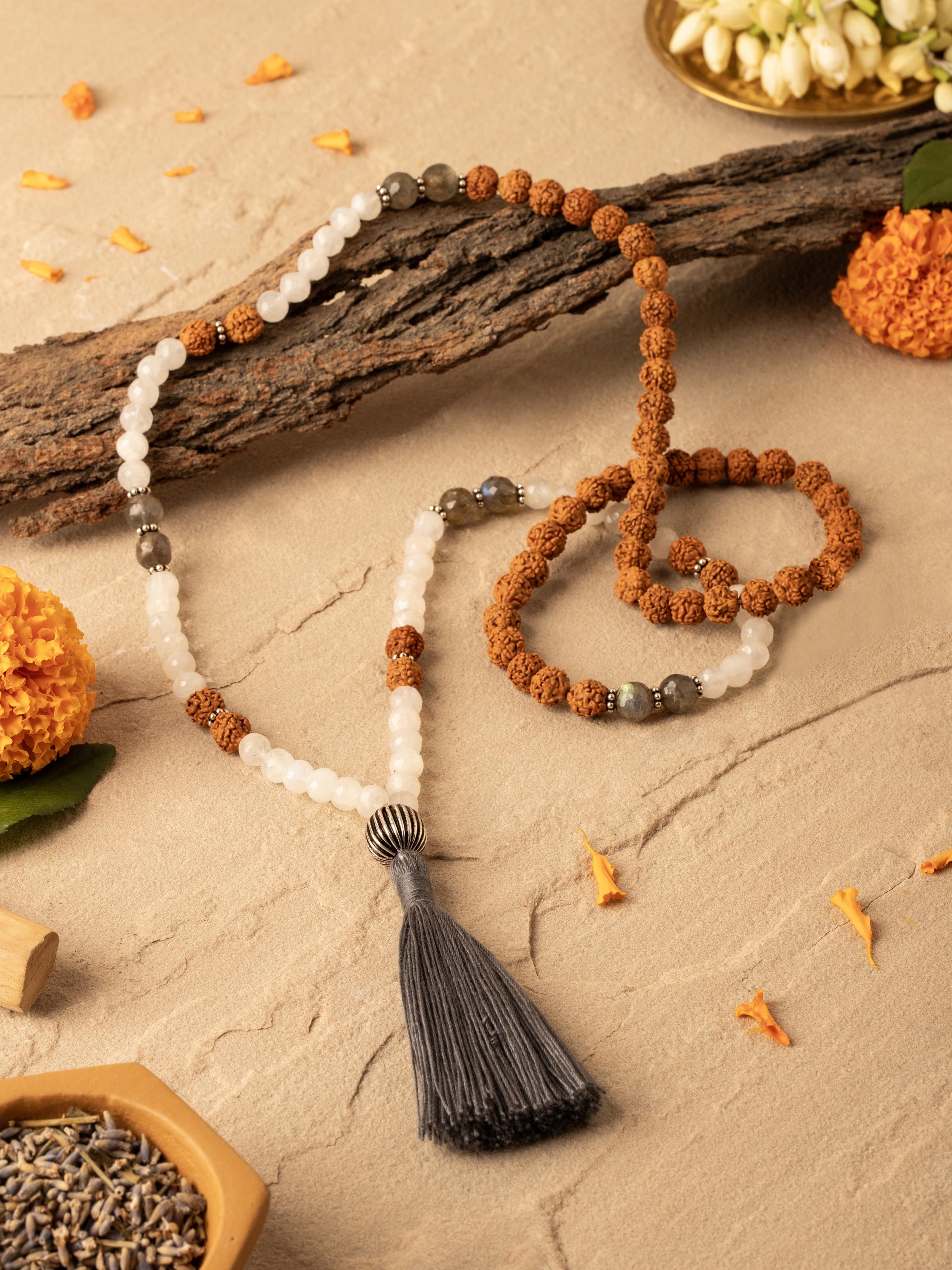 Side view of Labradorite, White Moonstone & Rudraksha Silver Mala, highlighting the arrangement of beads.