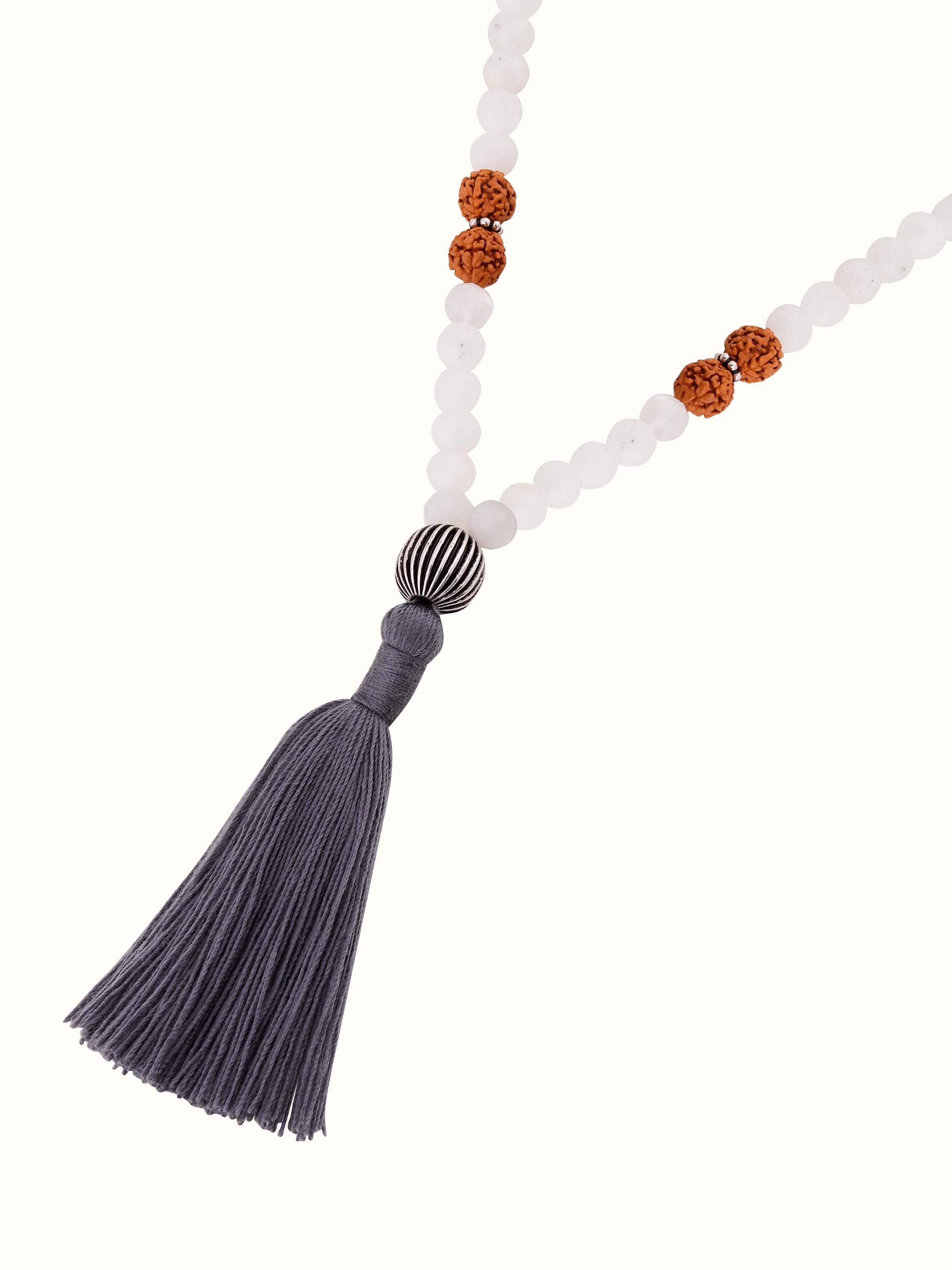 Overhead view of Labradorite, White Moonstone & Rudraksha Silver Mala, showing the mala's circular arrangement.