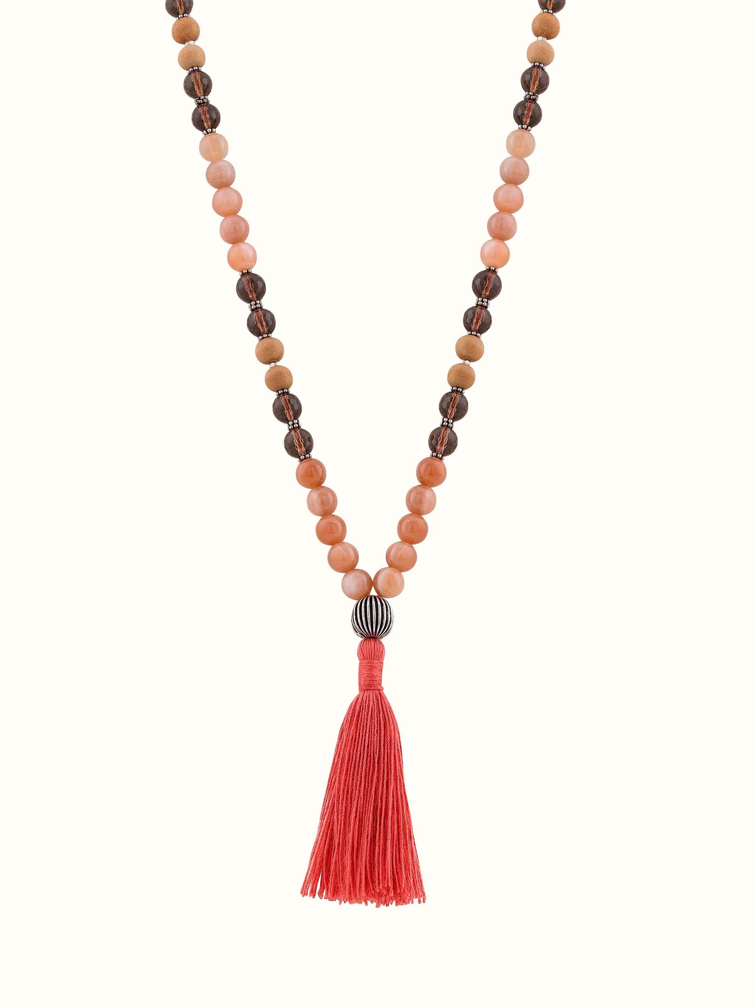 Front view of Smoky Quartz, Red Onyx, Peach Moonstone & Rudraksha Silver Mala showcasing elegant gemstone and bead arrangement
