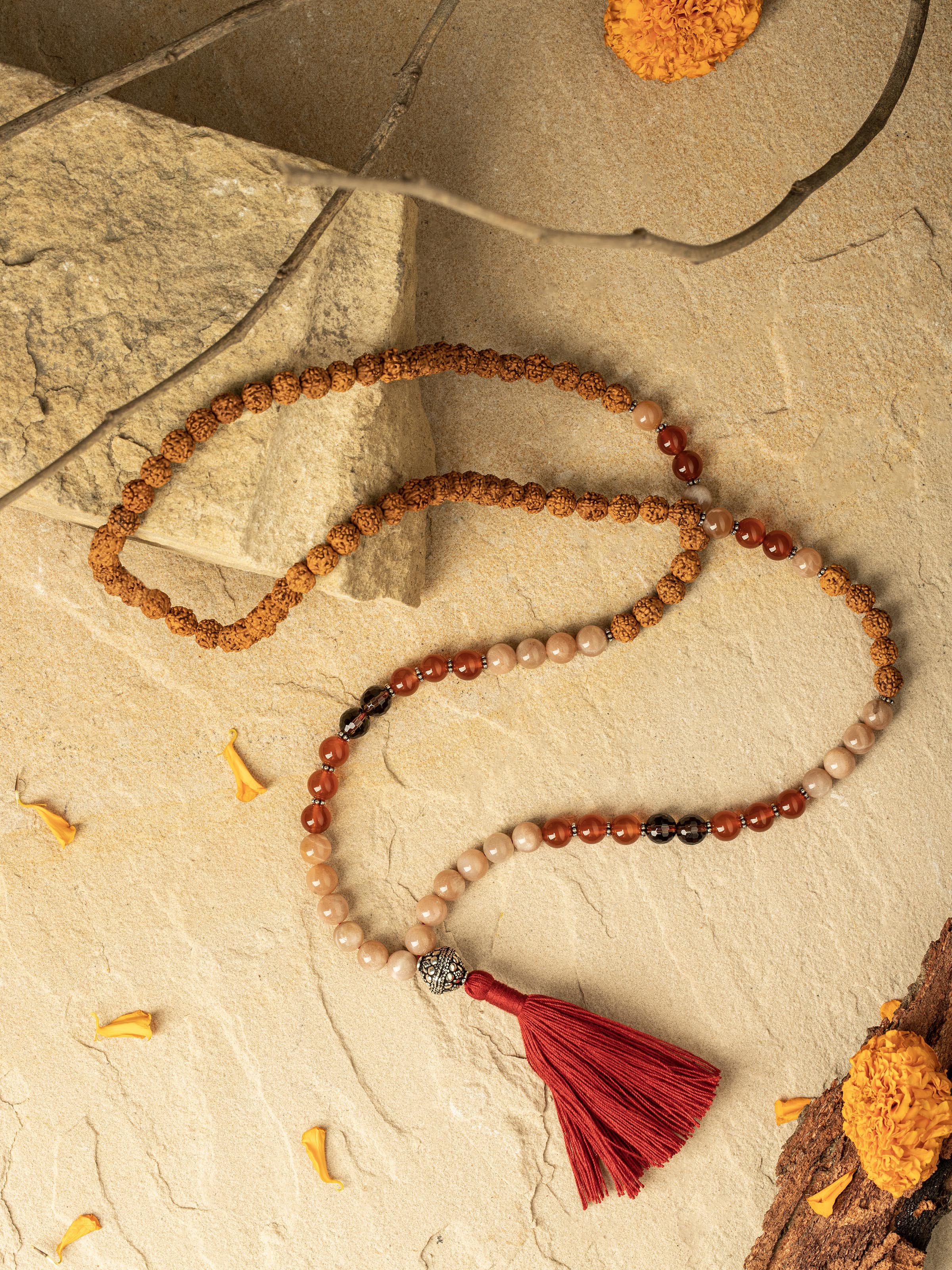 Close-up of Smoky Quartz, Black Onyx & Peach Moonstone Silver Mala highlighting the unique gemstones and luster