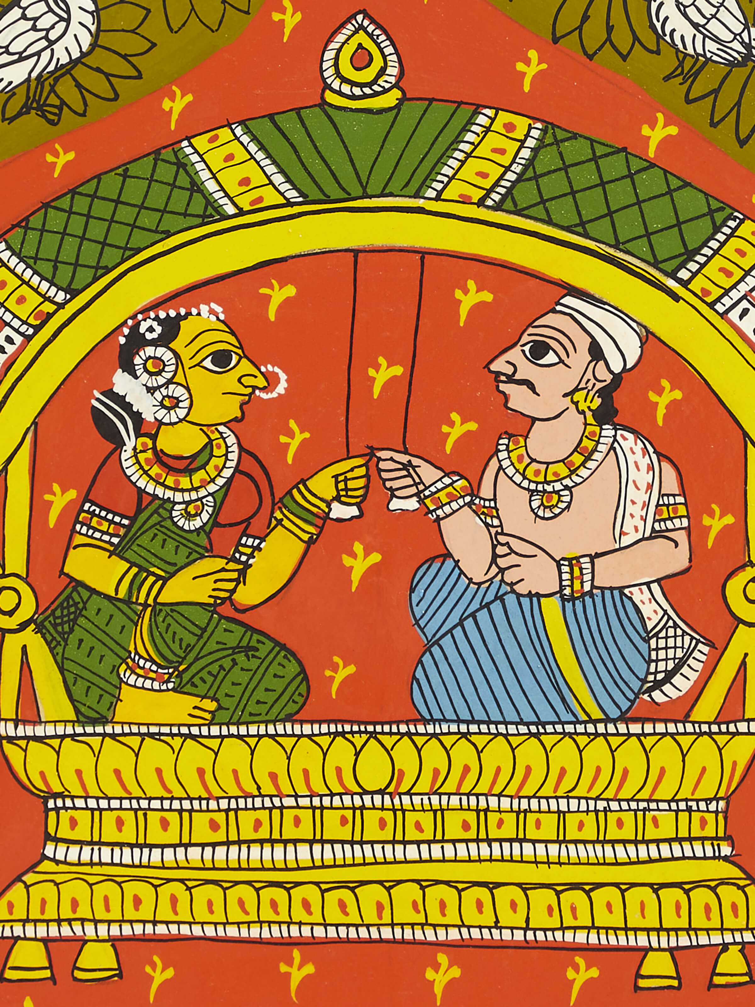 Side view of Cheriyal palkhi display plate, highlighting the traditional design and vibrant colors, Swadesh