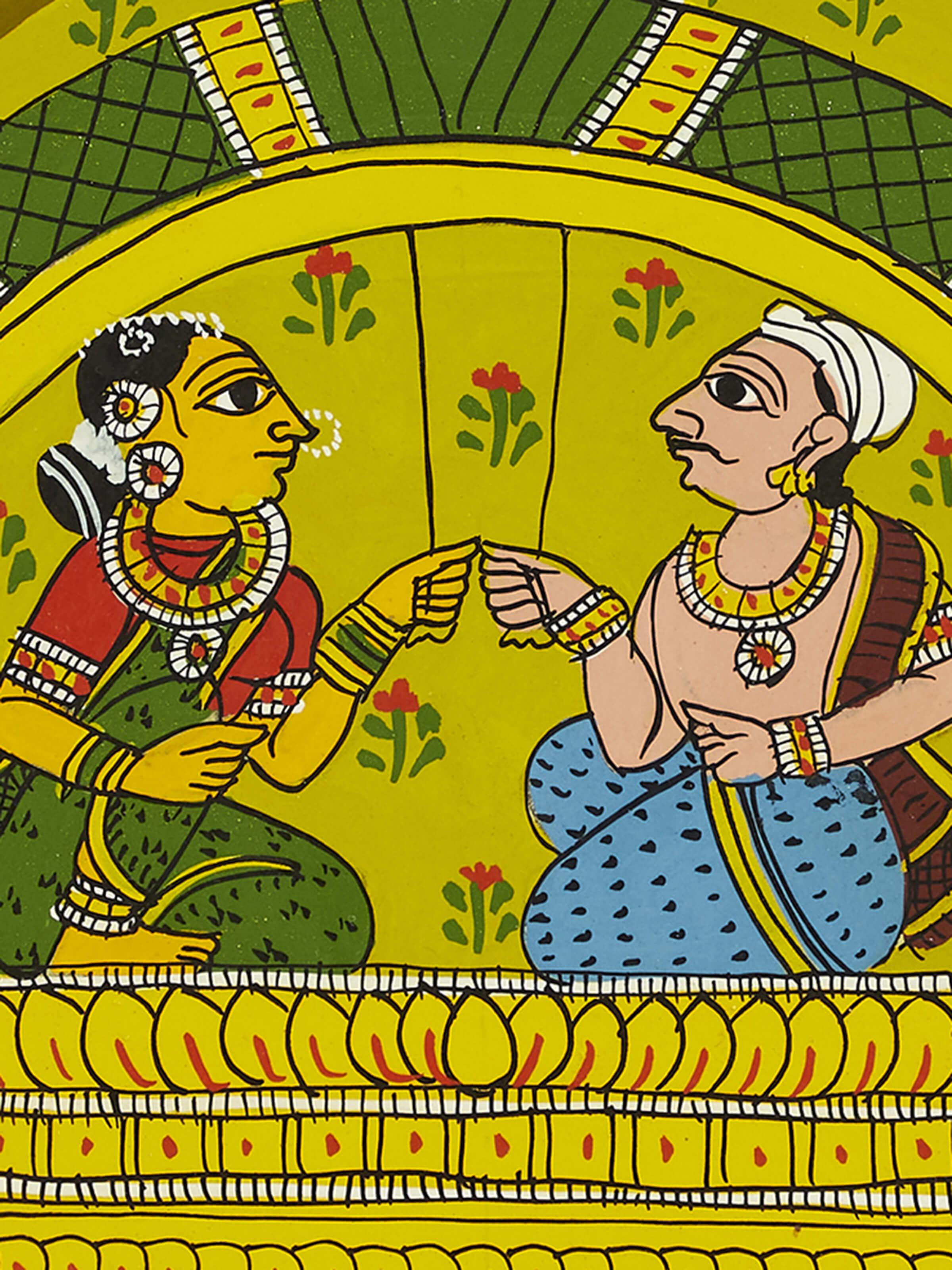 Close-up of Cheriyal Palkhi Display Plate emphasizing intricate artistic patterns and vivid colors.