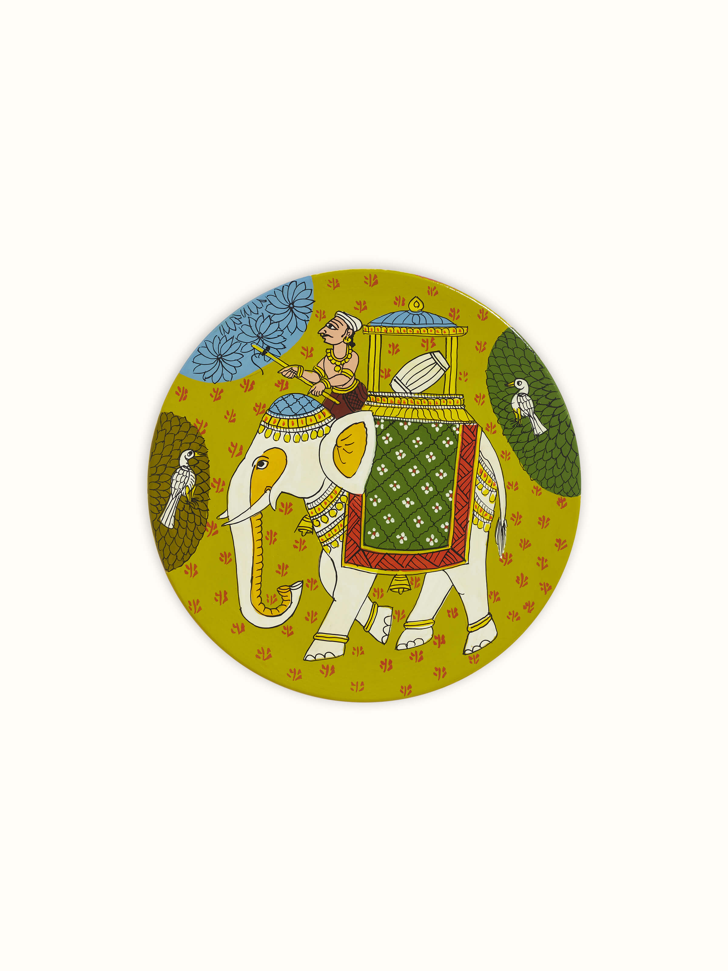 Front view of Cheriyal elephant display plate with vibrant colors