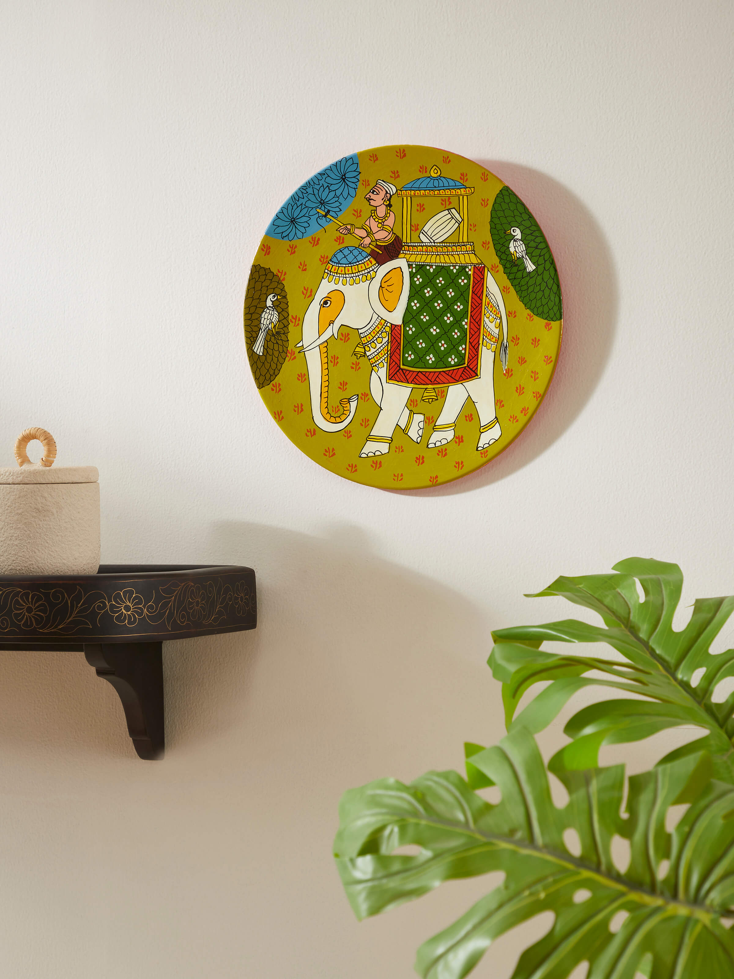 Side view of Cheriyal elephant display plate showing intricate design