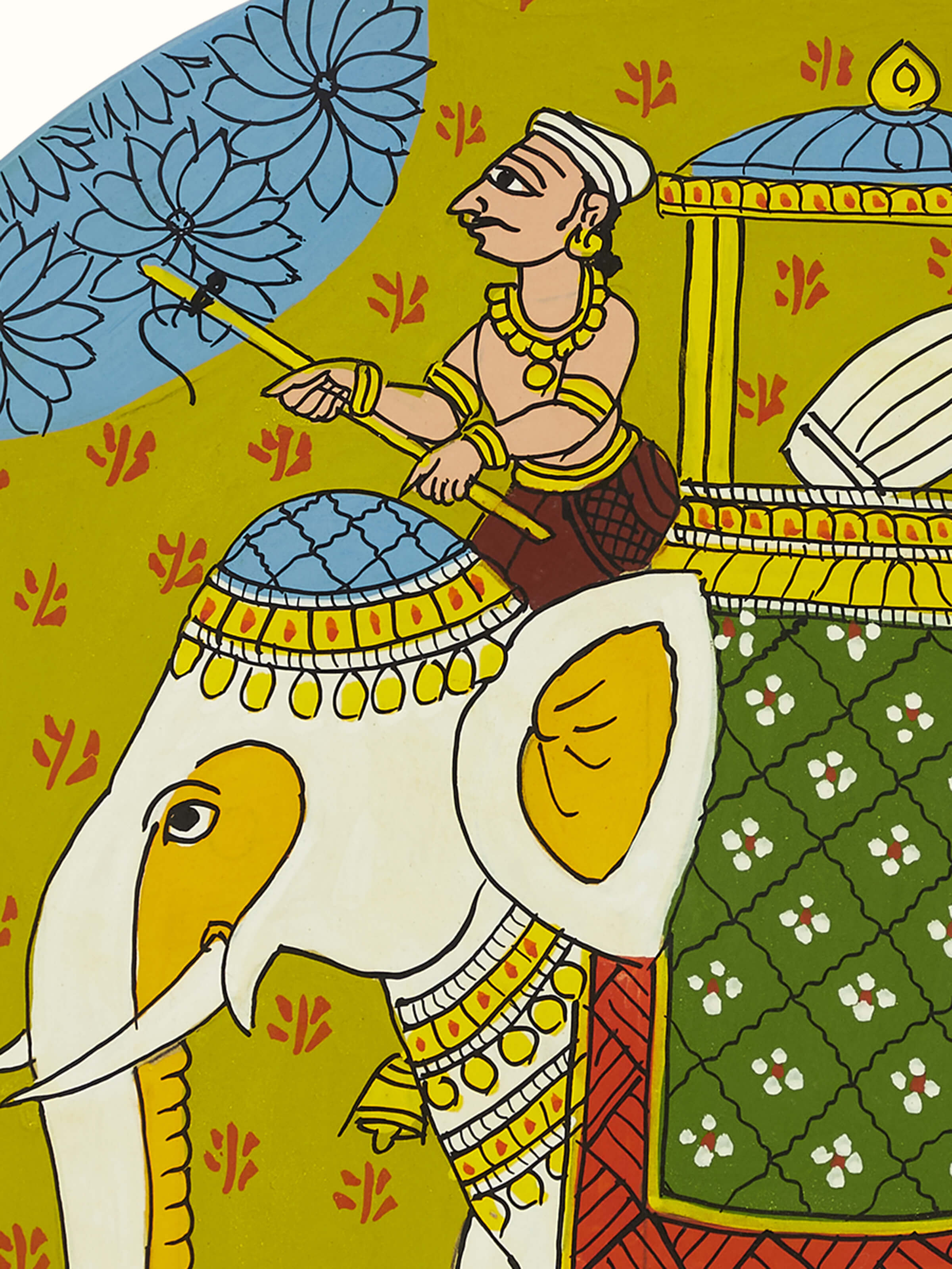 Detailed view of Cheriyal elephant display plate with artistic patterns