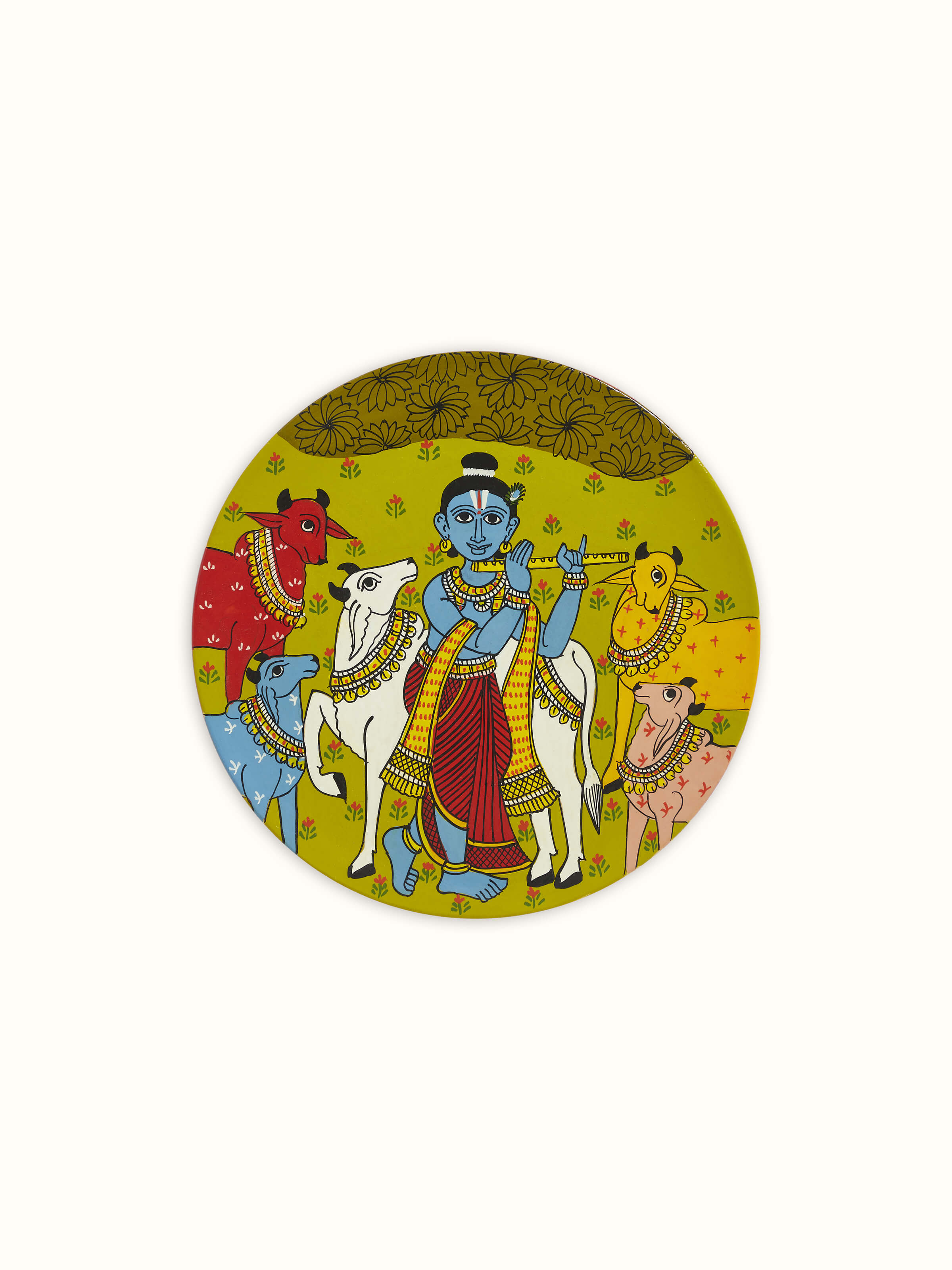 Front view of Cheriyal Krishna Display Plate, showcasing the vibrant colors and intricate artwork