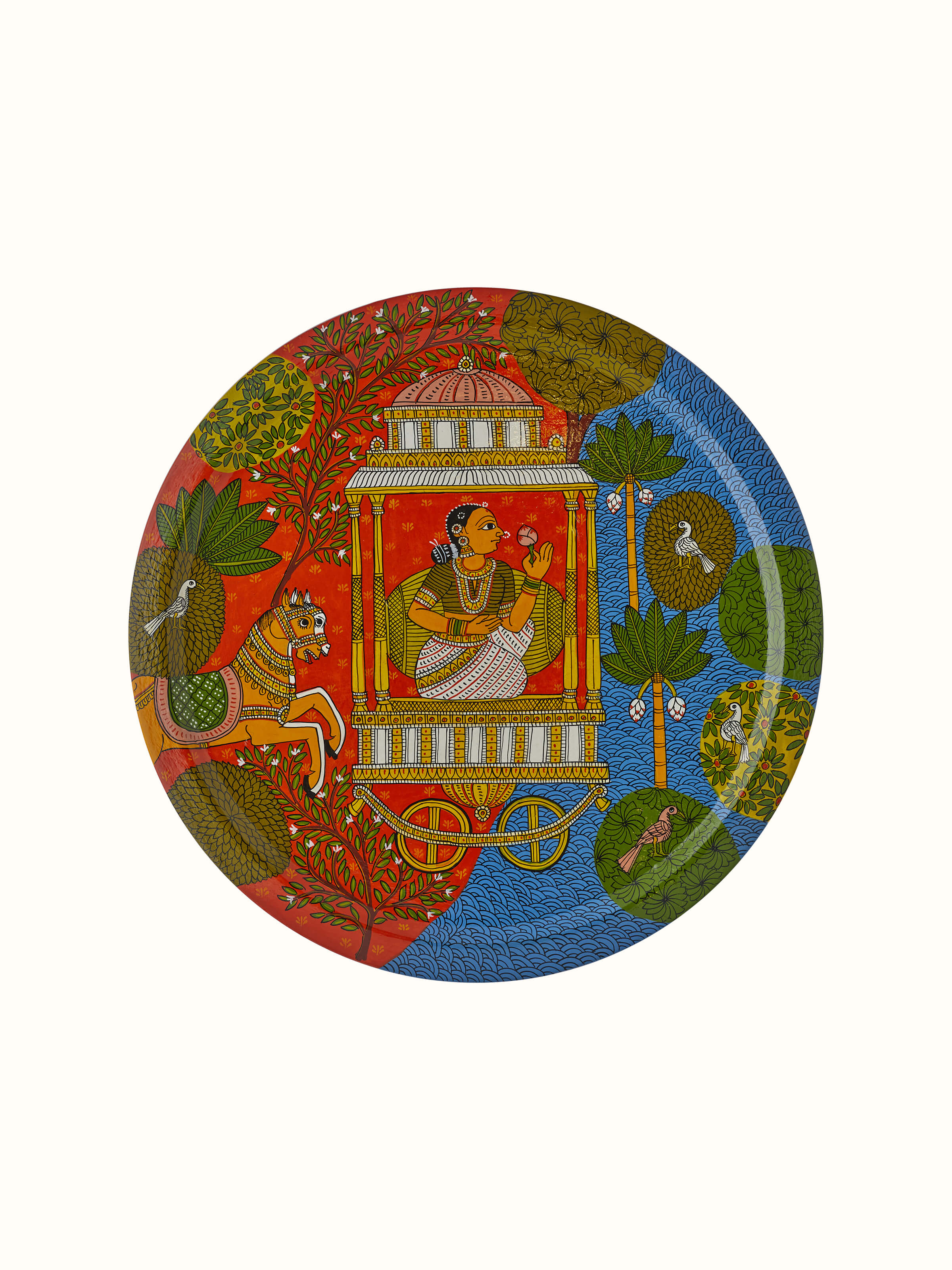 Front view of Cheriyal Lady Display Plate featuring traditional Cheriyal art with vibrant colors.