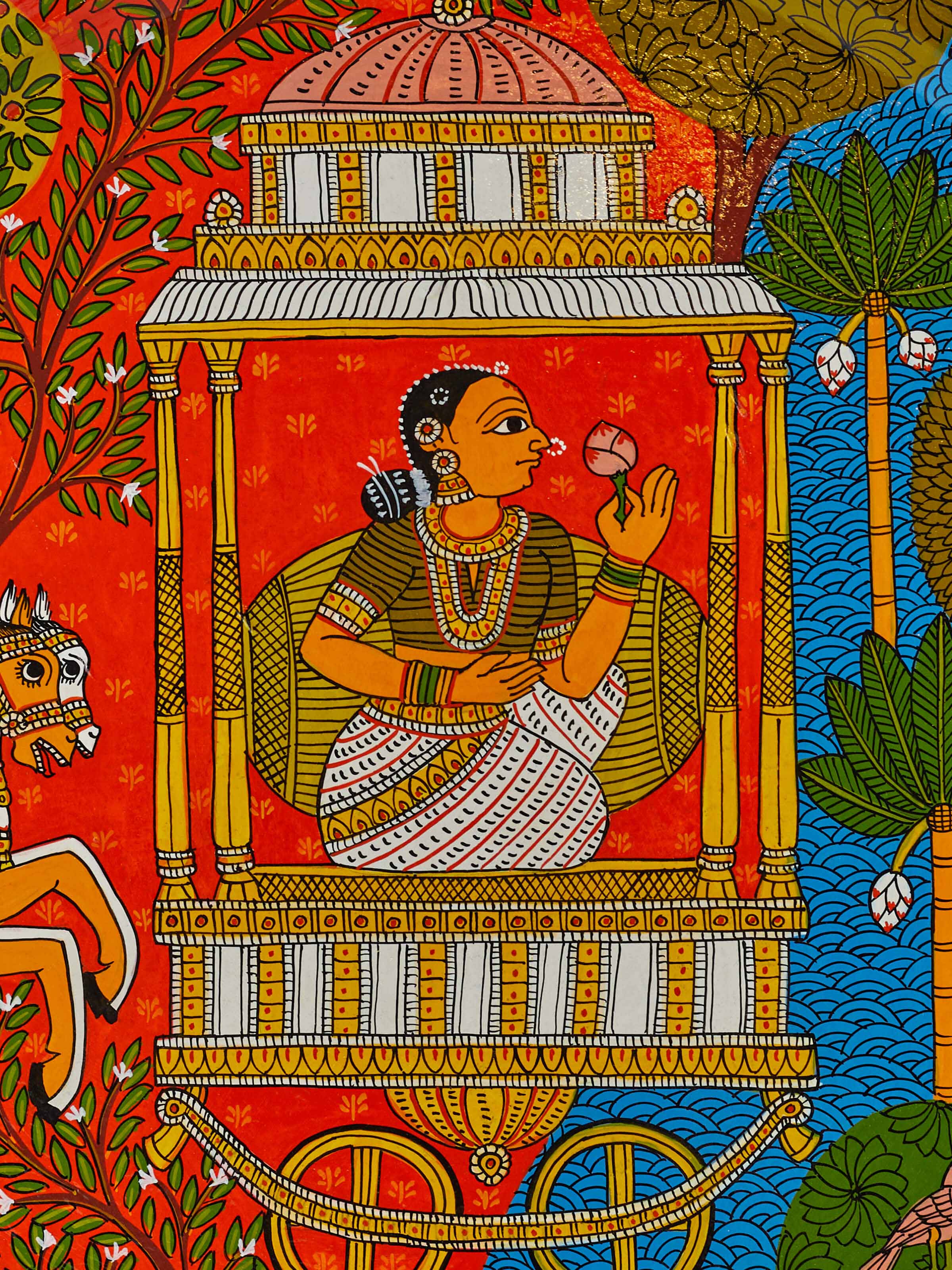 Detail view of Cheriyal Lady Display Plate highlighting the fine details and traditional craftsmanship.