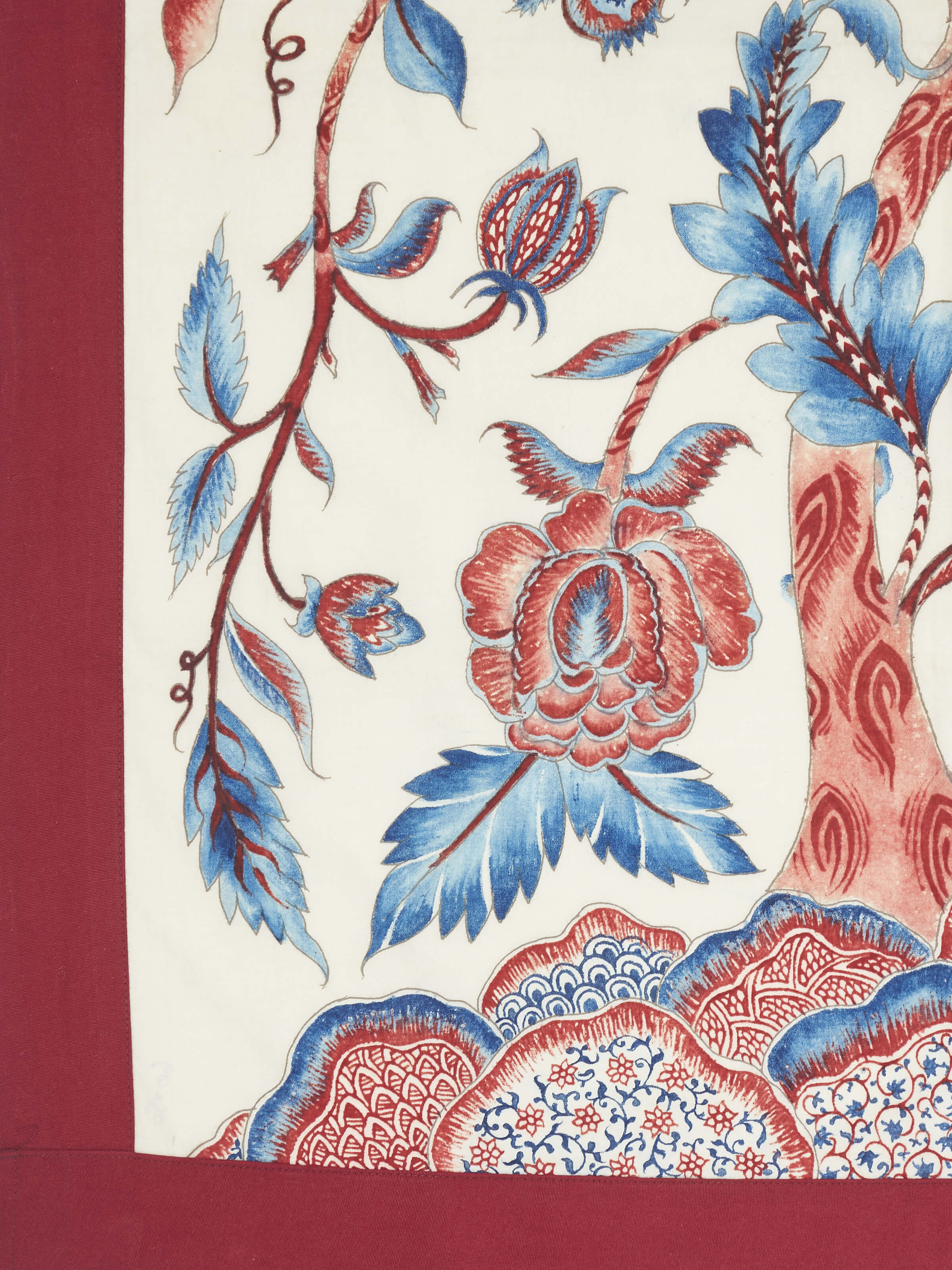 Close-up view of Kalamkari Tree of Knowledge Painting by Swadesh, showing the fine detailing and rich colors in the tree design.