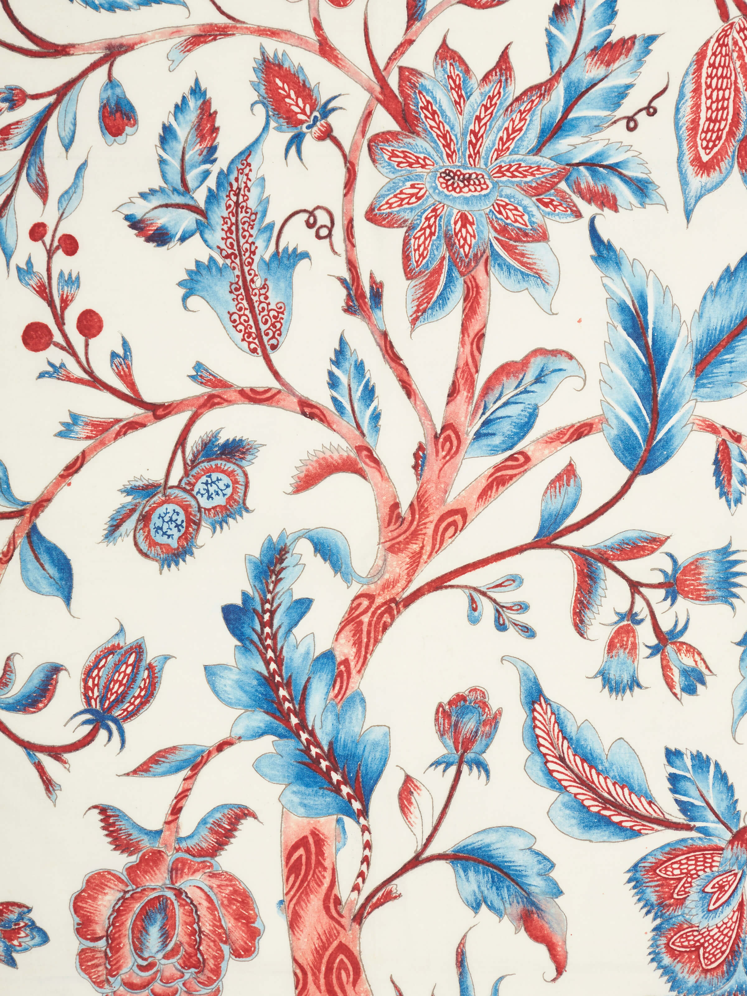 Detailed view of Kalamkari Tree of Knowledge Painting by Swadesh showing the intricate lines and vivid colors in the tree illustration.