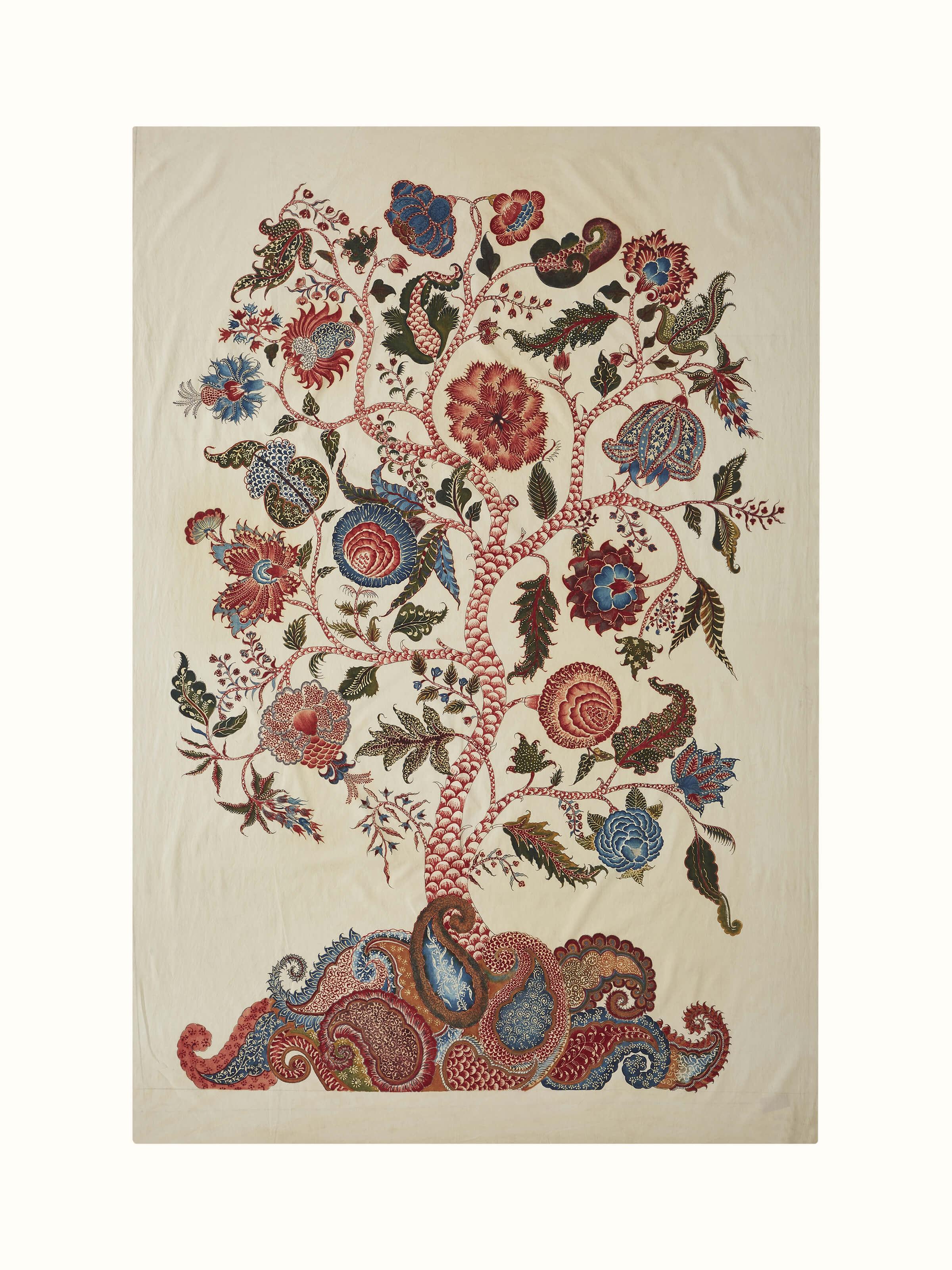 Front view of Kalamkari divine tree painting highlighting vibrant colors and intricate design.