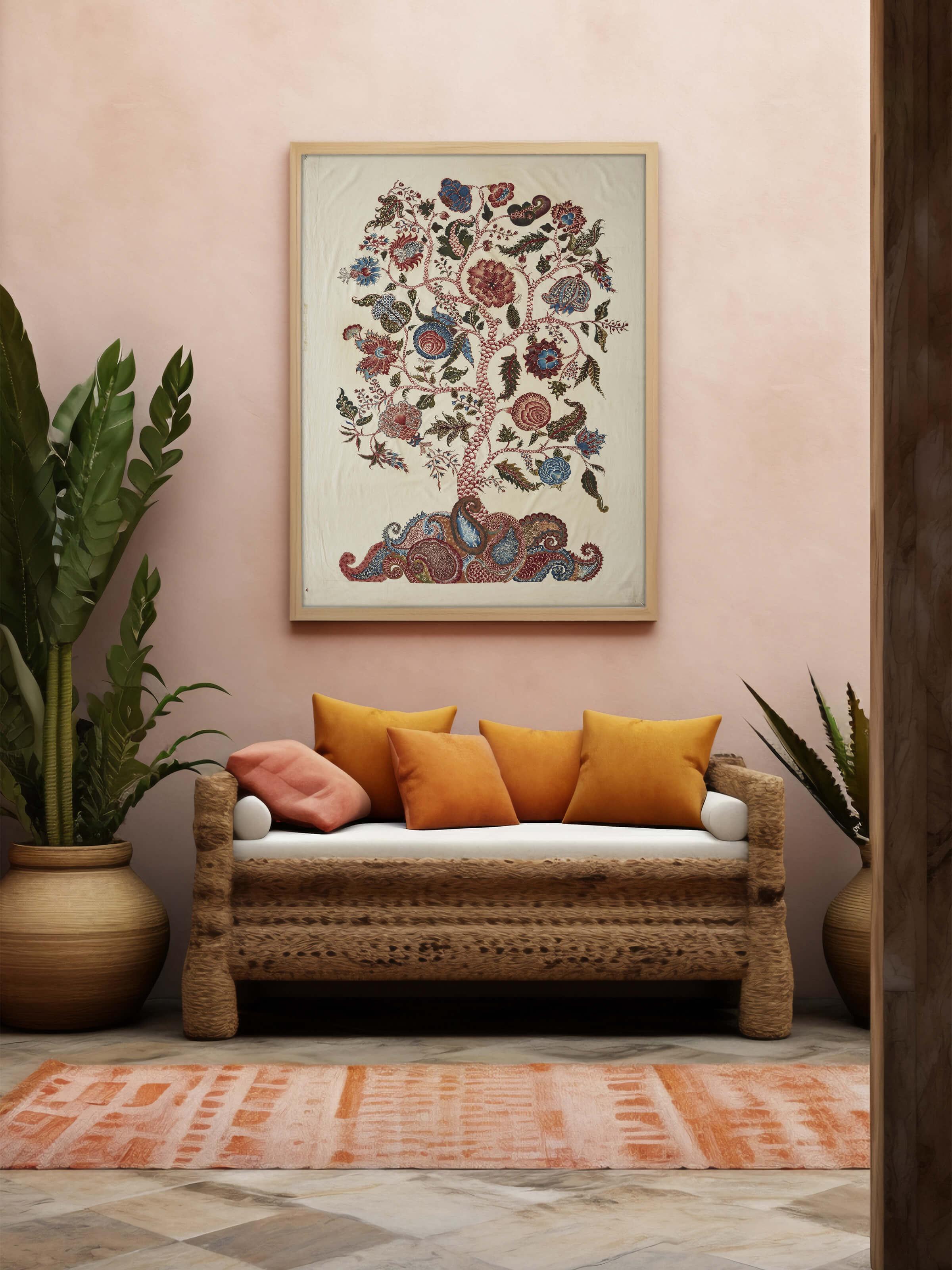 Detailed view of Kalamkari divine tree painting emphasizing detailed artistry.