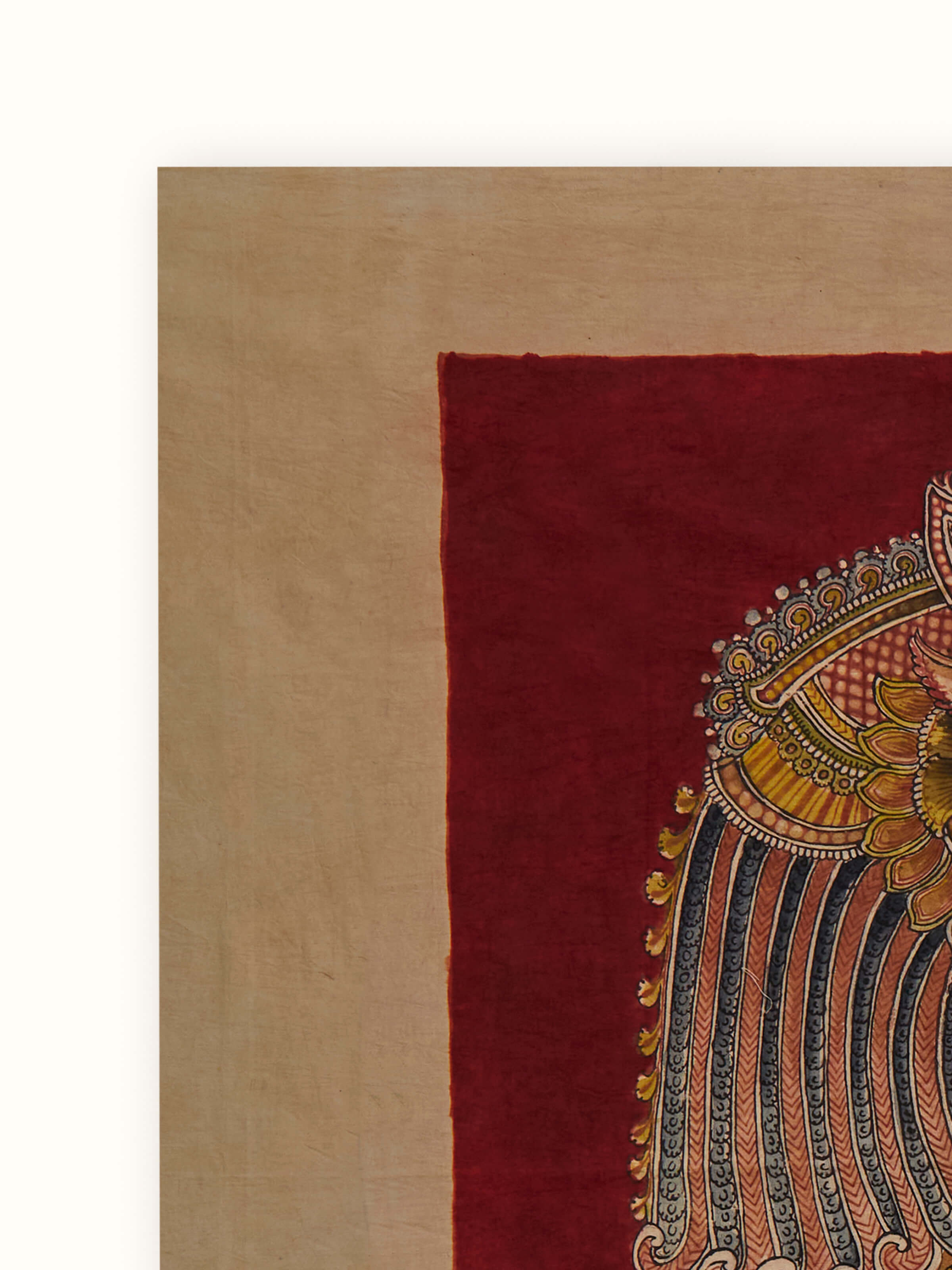 Side view of Kalamkari Painting emphasizing the texture and artistic details of the painting.