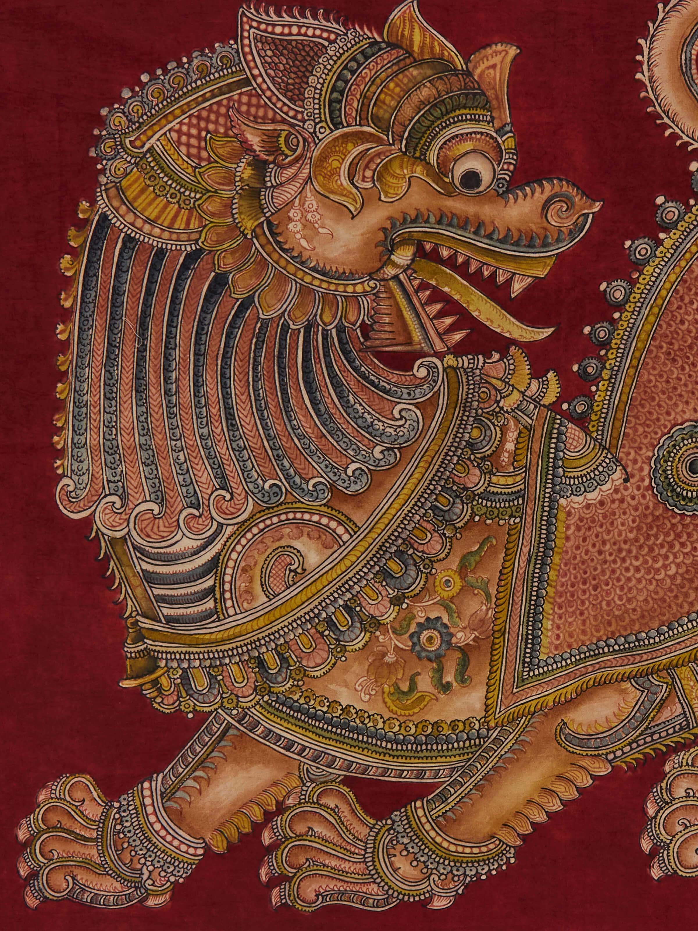 Close-up detail of Kalamkari Painting highlighting intricate patterns and traditional artwork.