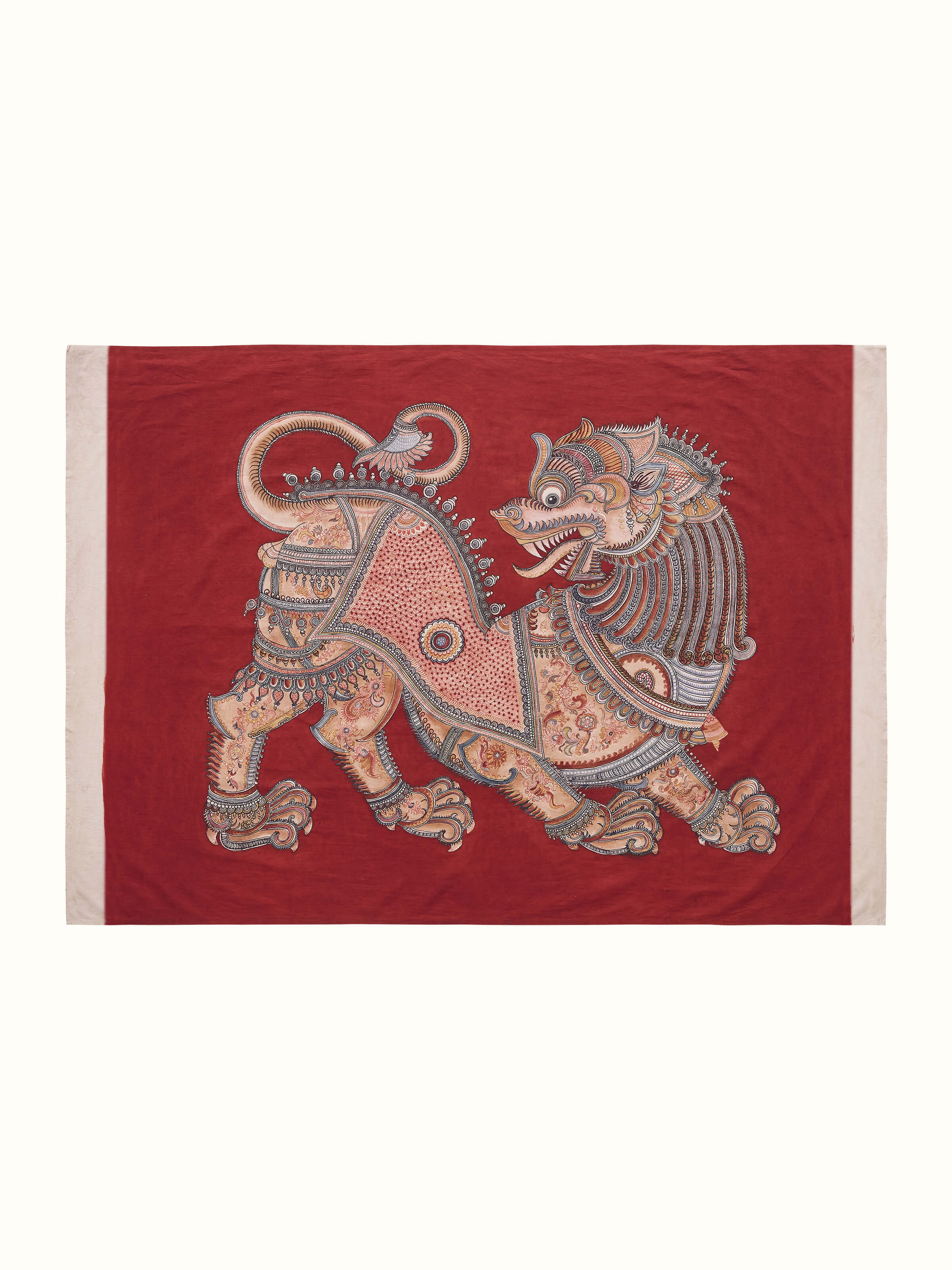 Full view of Kalamkari painting with intricate traditional designs and vibrant colors on canvas