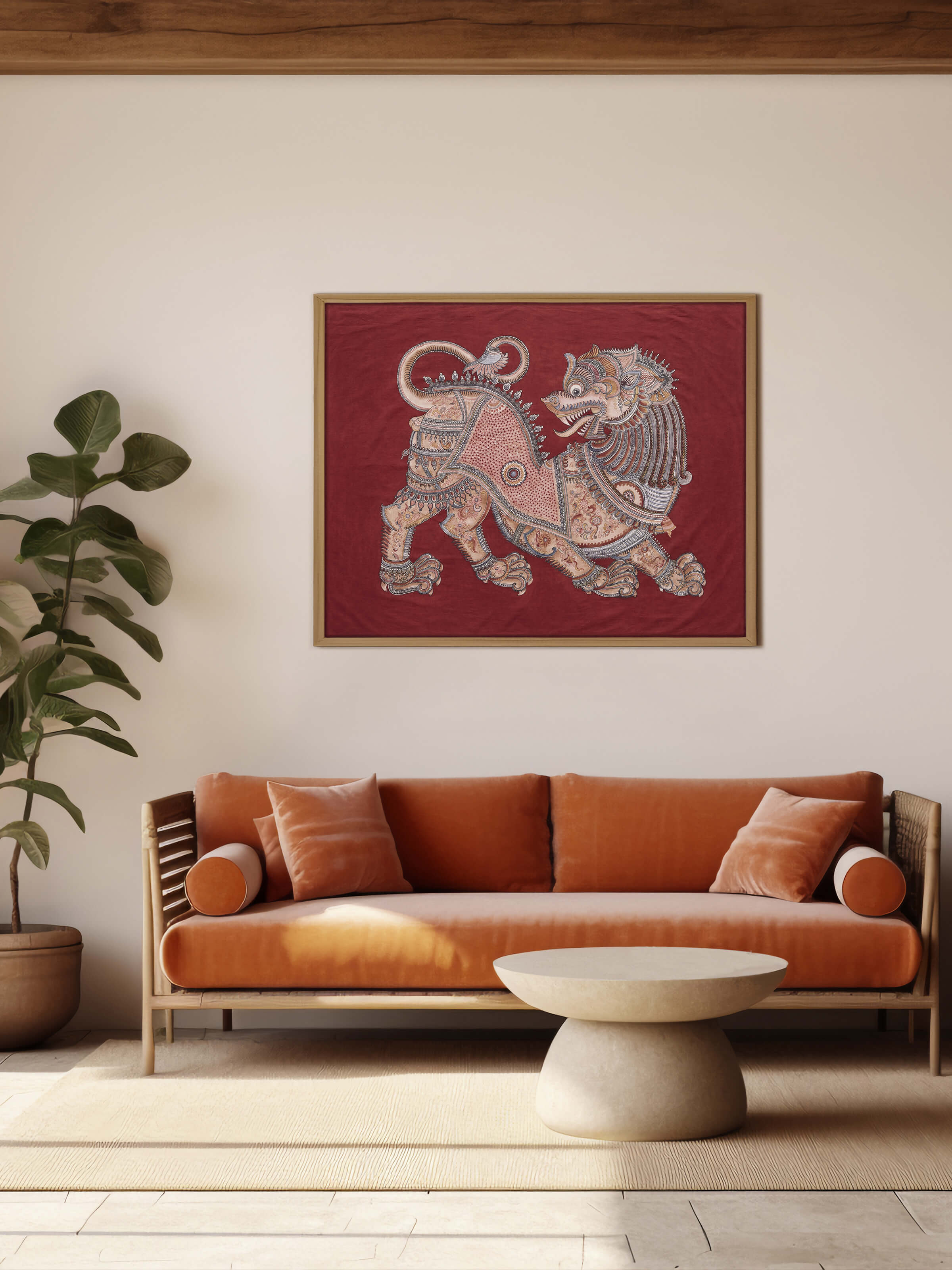 Close-up of Kalamkari painting details, showcasing fine brushwork and artistic patterns