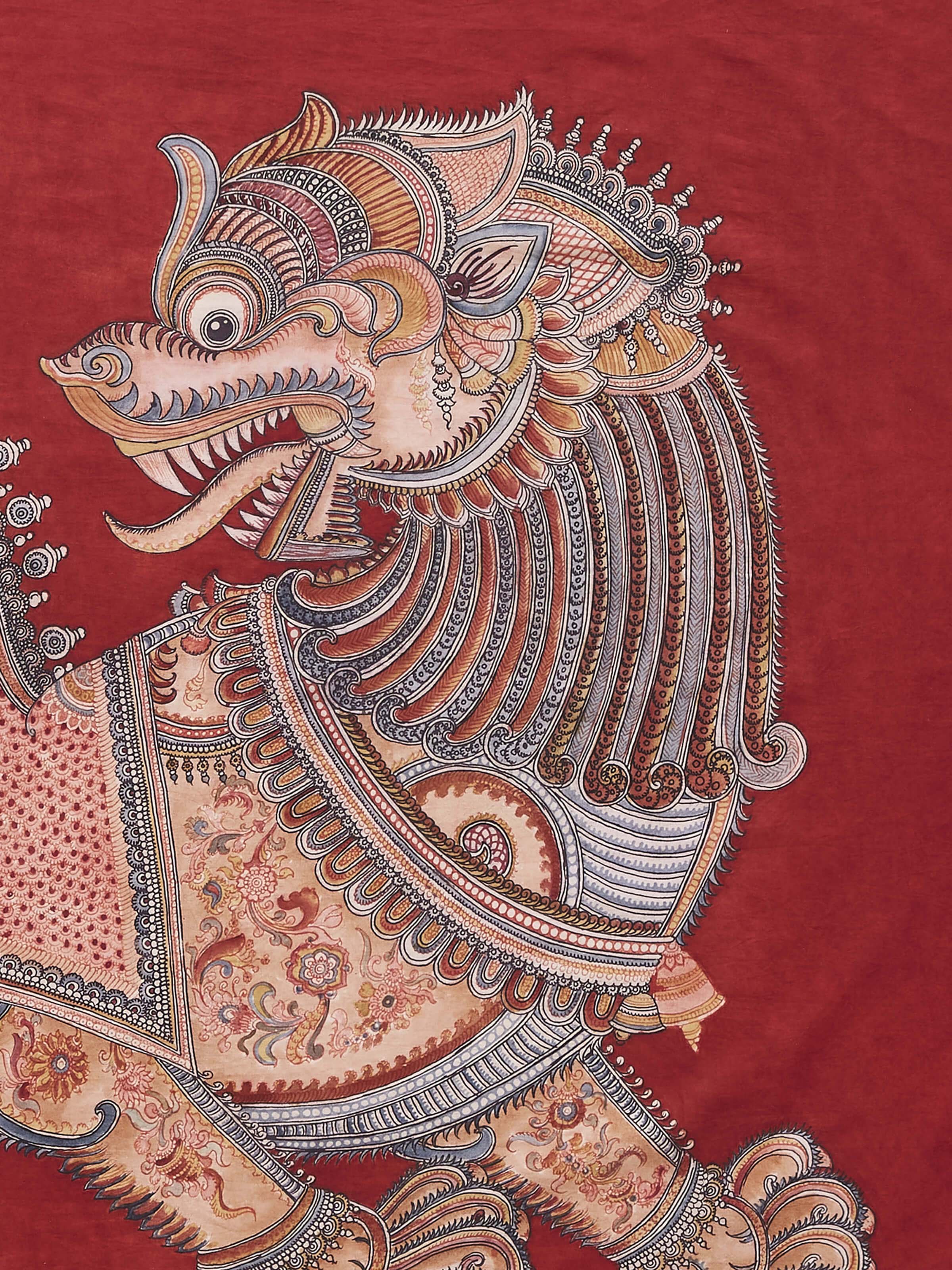 Side view of Kalamkari painting, focusing on texture and traditional motifs on the fabric