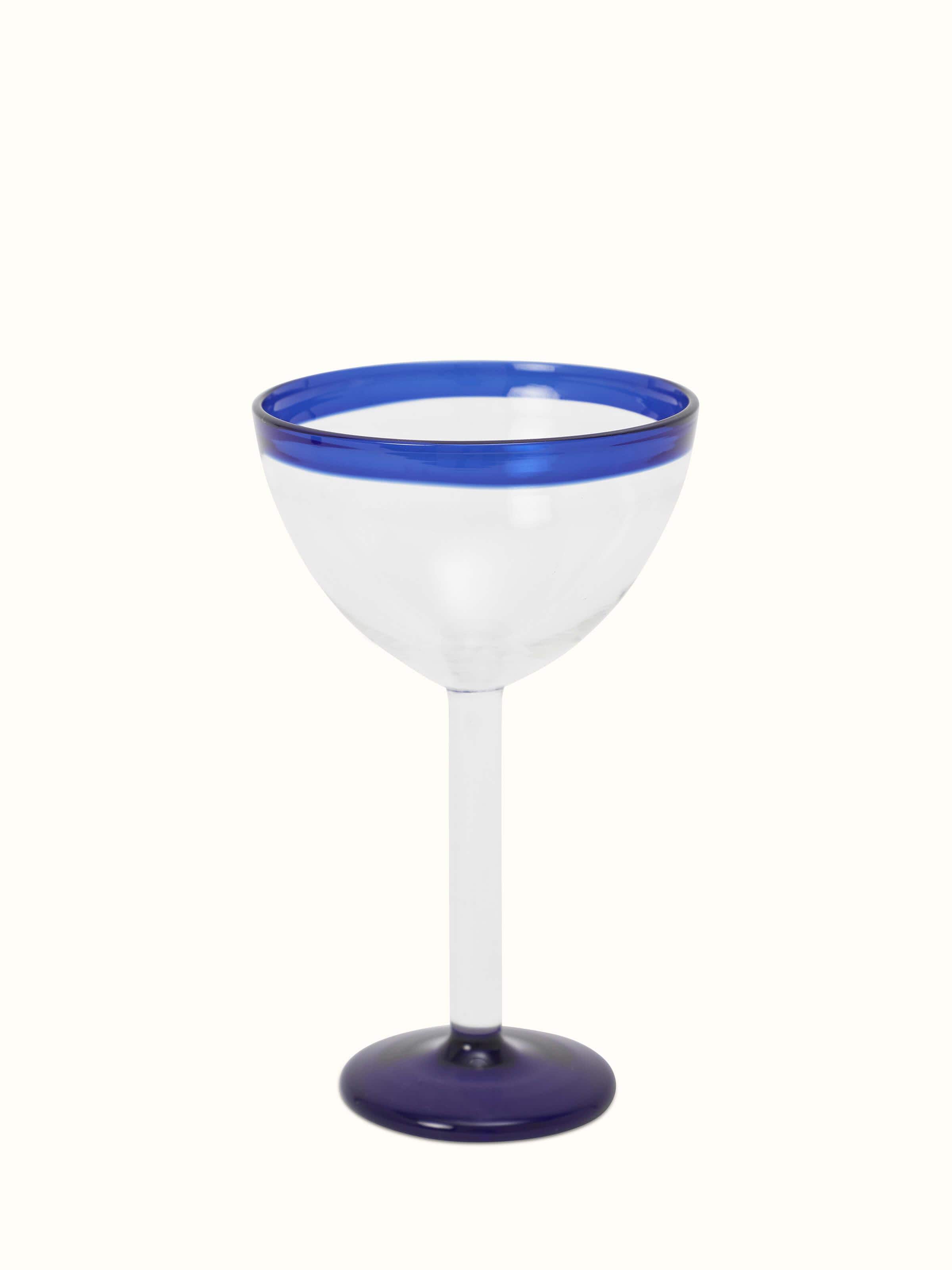 Front view of Firozabadi Glass Work Martini Glasses in blue, highlighting their unique design and vibrant color.