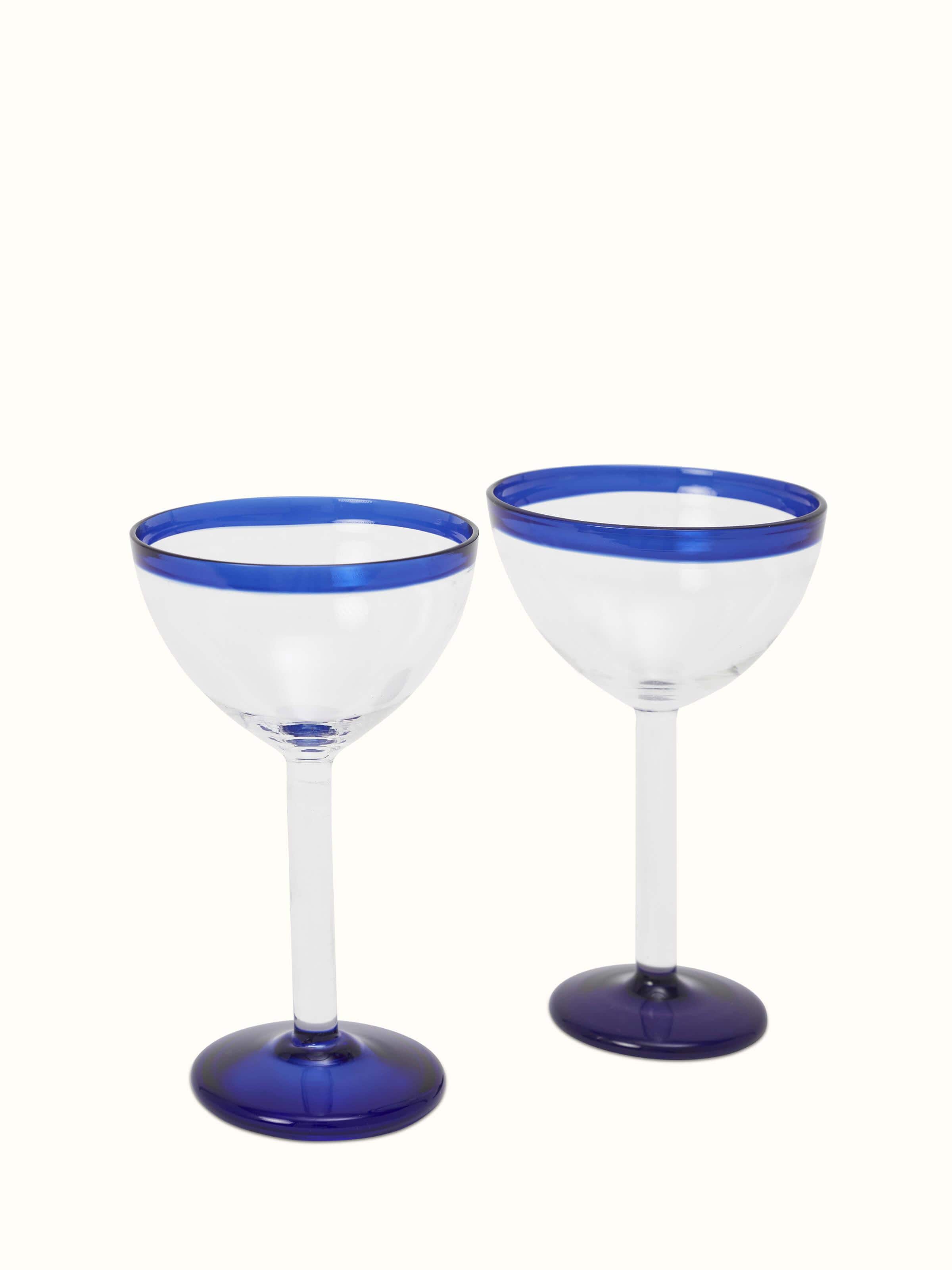 Close-up of Firozabadi Glass Work Martini Glasses in blue, showcasing their elegant design and craftsmanship.