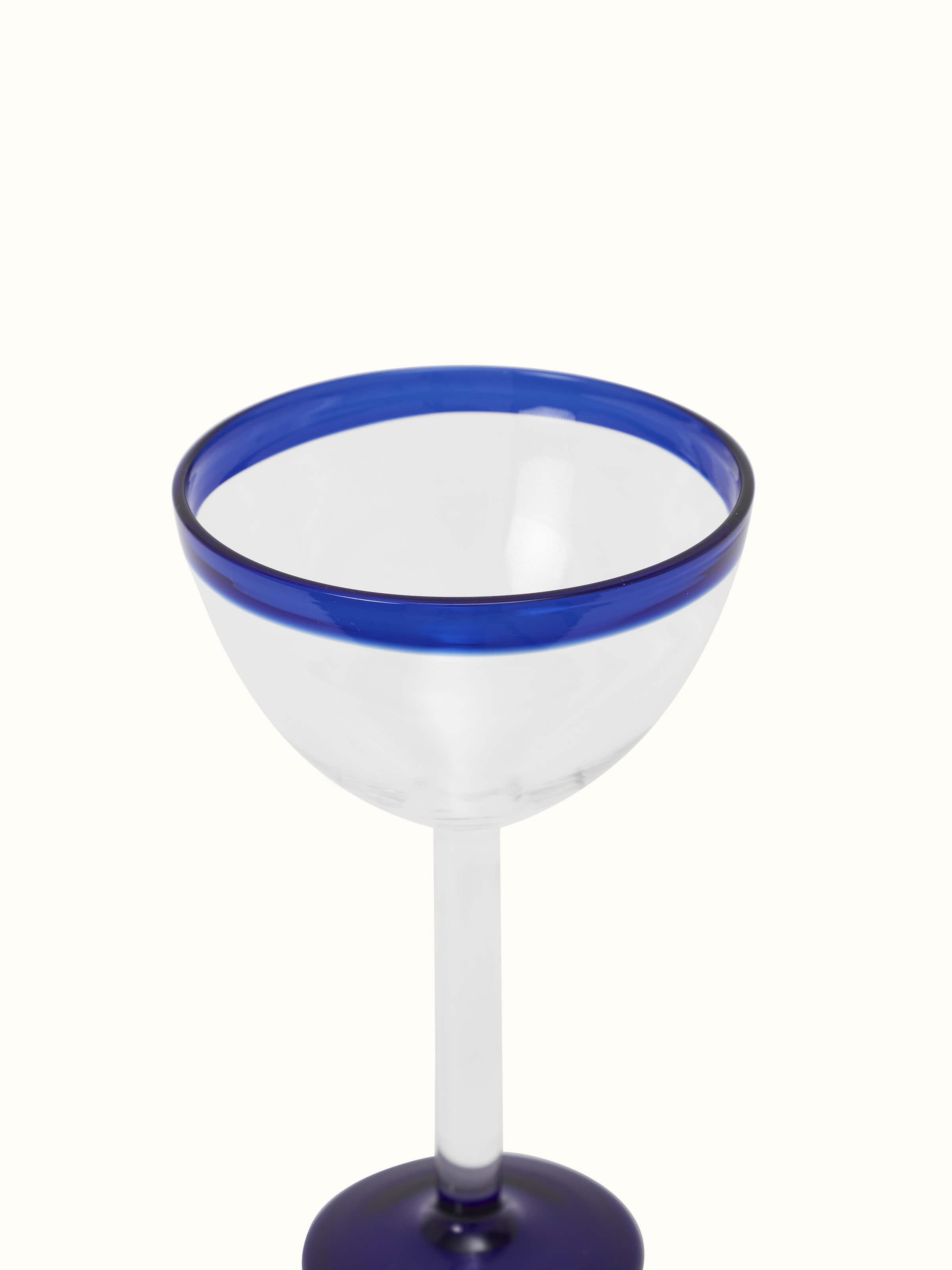 Angled view of Firozabadi Glass Work Martini Glasses in blue, showing their stylish design and detailed glasswork.