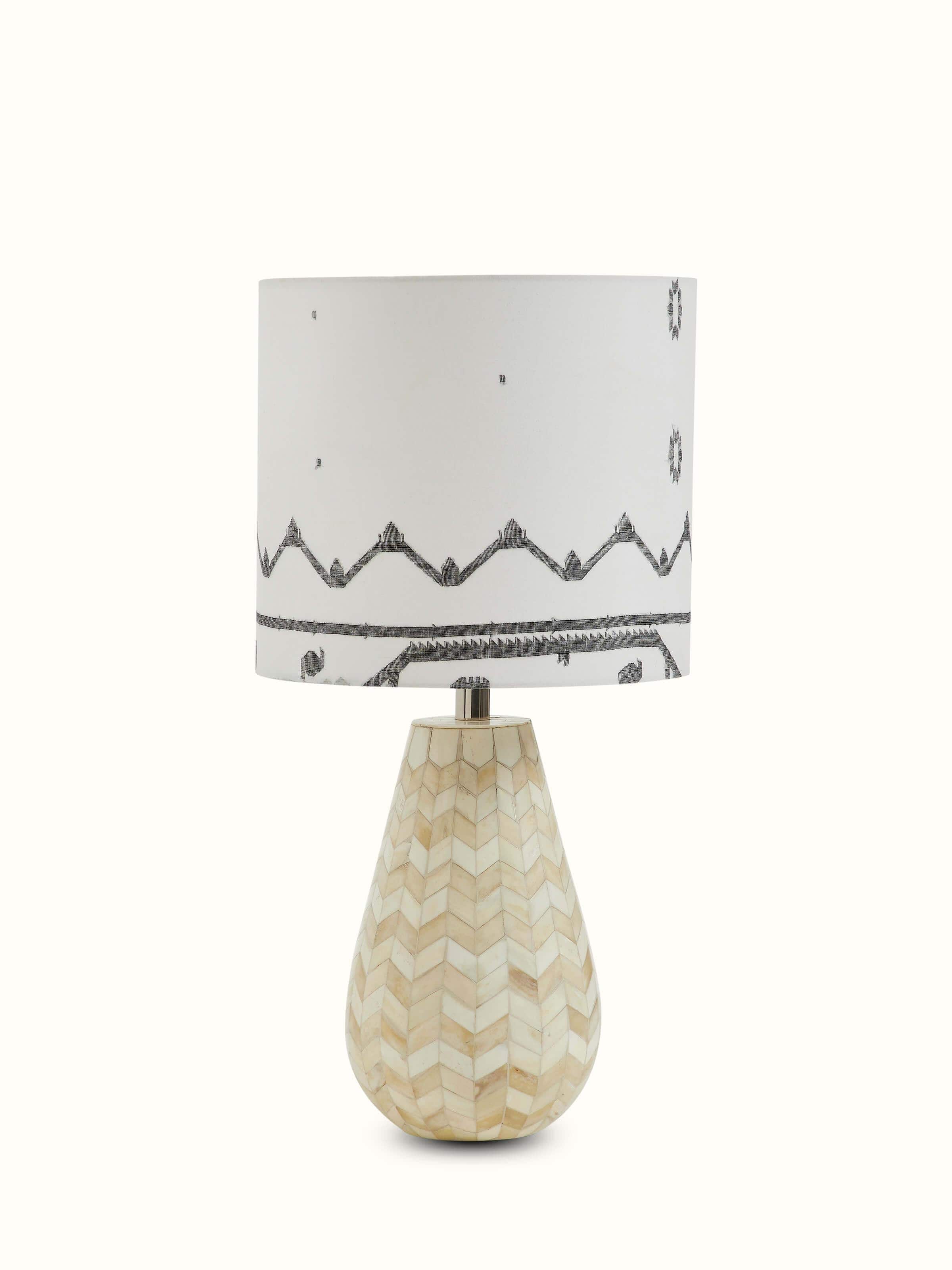 Close-up of Jamdani cotton lampshade in white, highlighting the intricate texture and craftsmanship, Swadesh