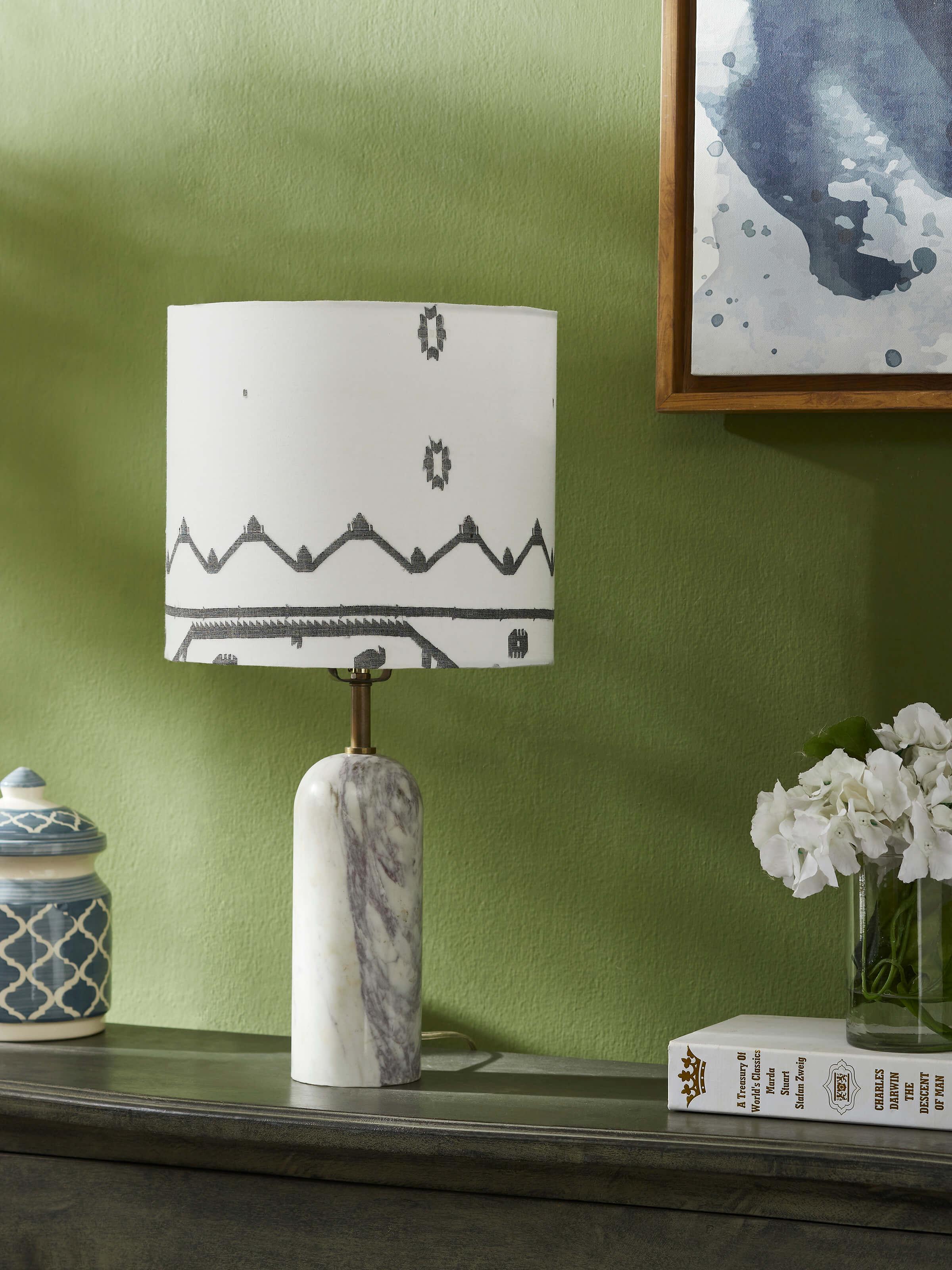 Side view of Jamdani cotton lampshade, showcasing its classic design and fine detailing, Swadesh