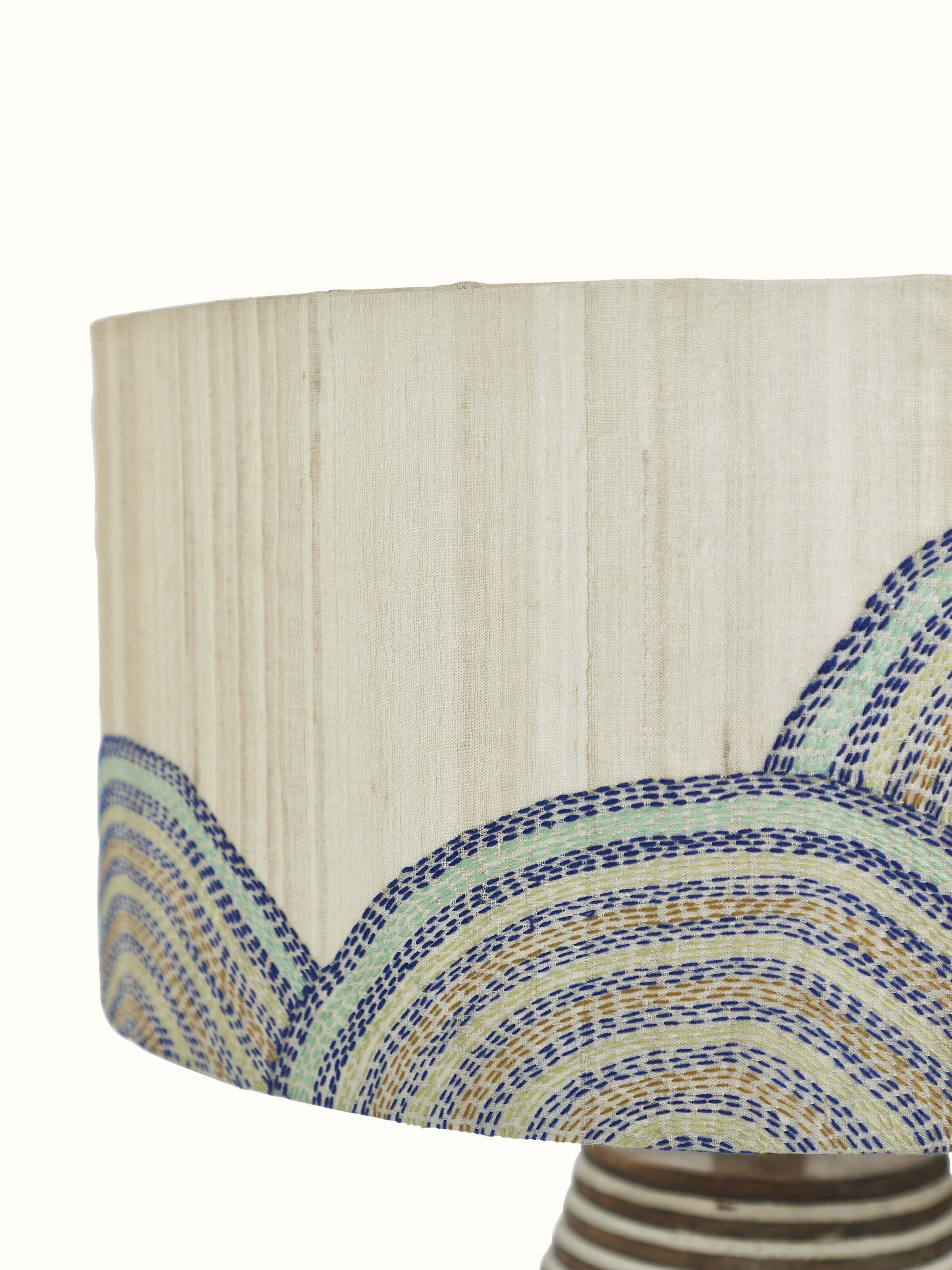 Detailed close-up of Sujani hand-embroidered cotton lampshade in beige color emphasizing the texture