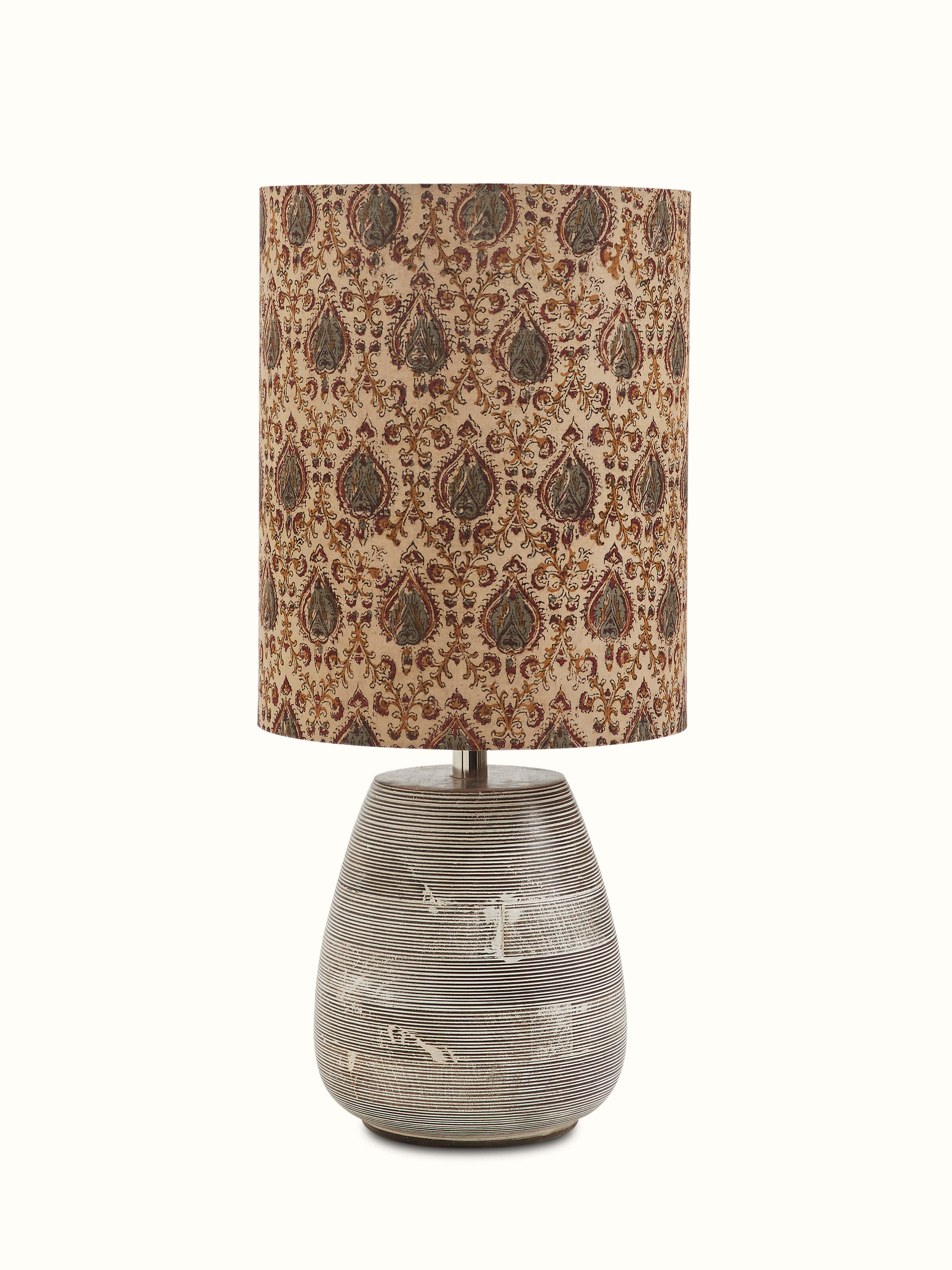Front view of Kalamkari Block-Printed Cotton Lampshade in Beige Color showcasing the design