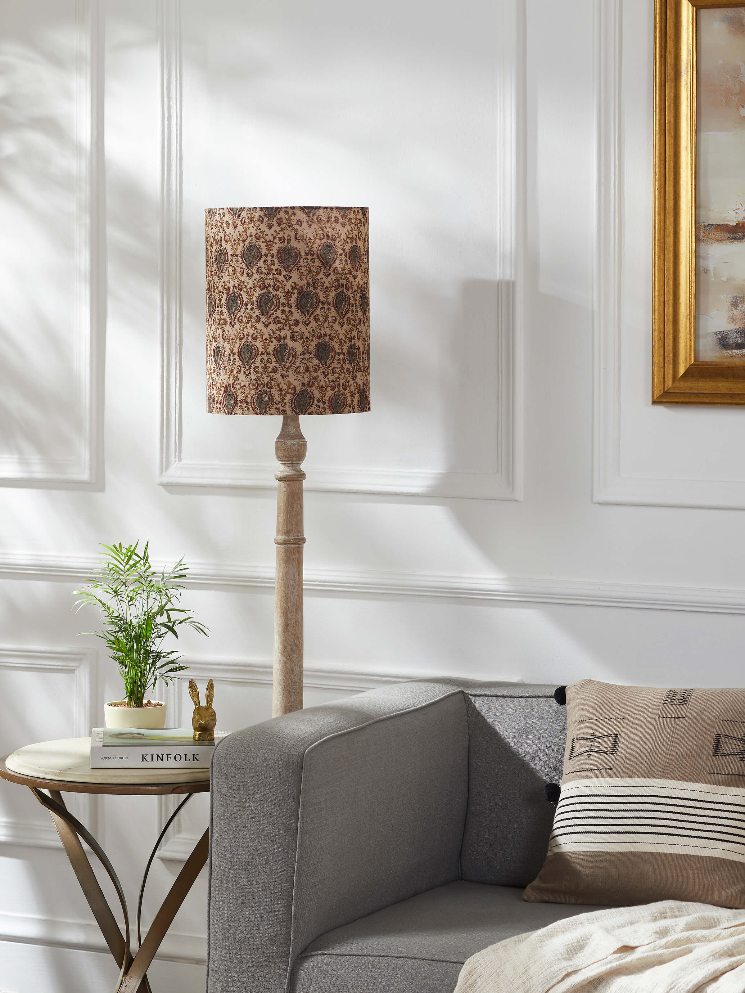 Side view of Kalamkari Block-Printed Cotton Lampshade in Beige Color revealing the lamp's shape