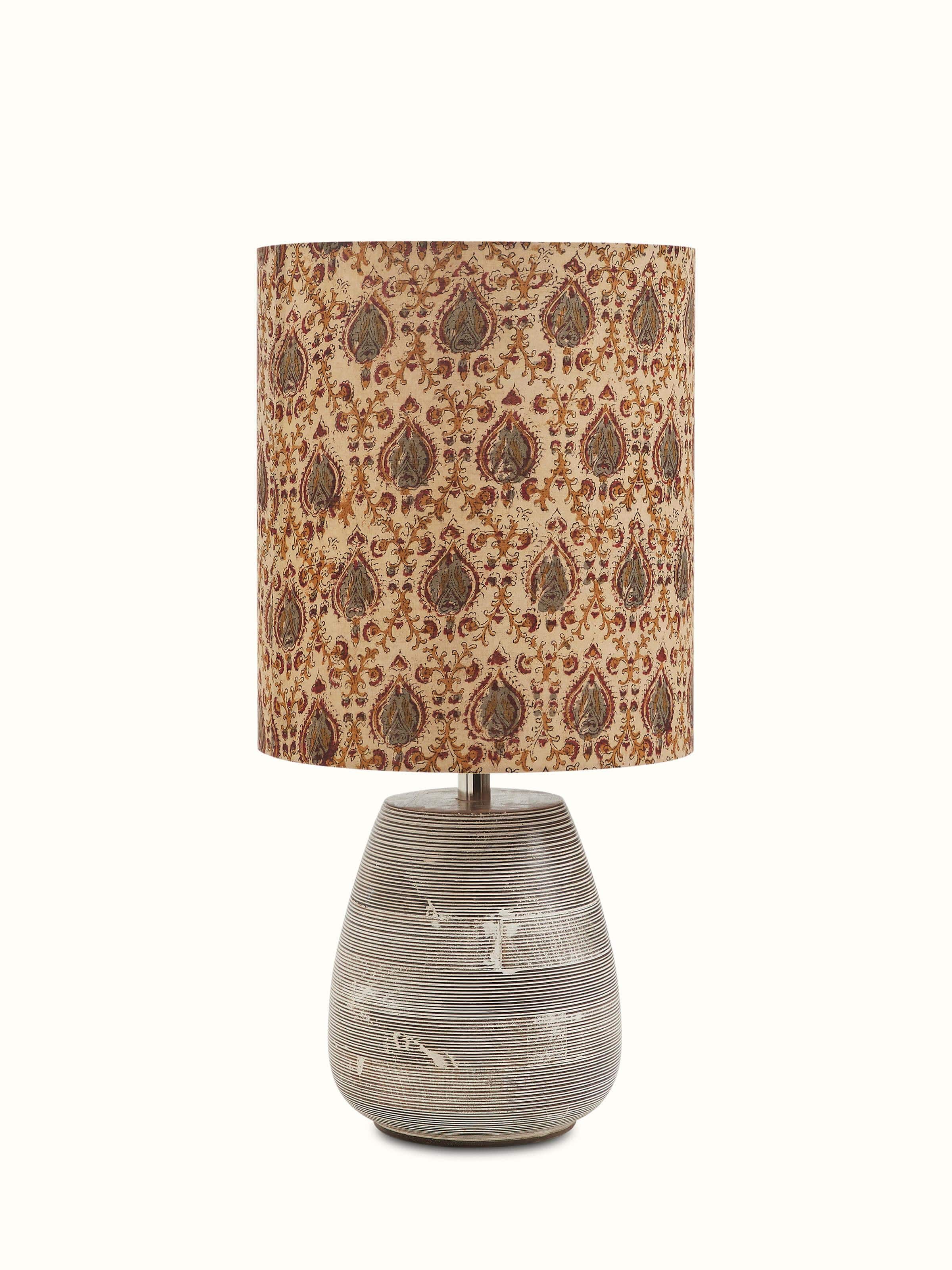 Kalamkari block-printed cotton lampshade in fawn color, featuring traditional patterns and a soft, warm tone.