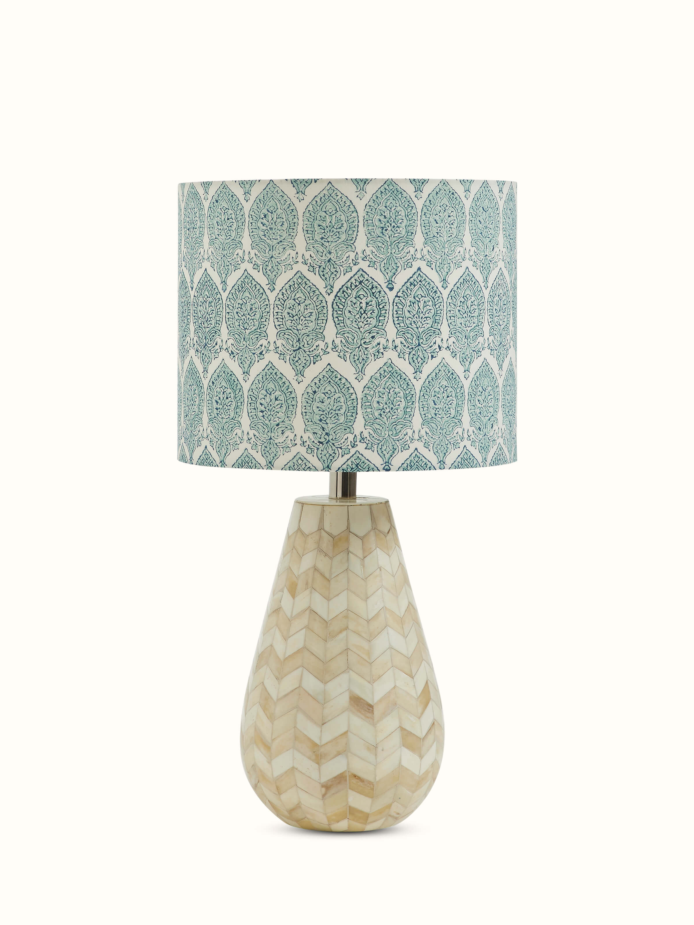 Front view of block-printed cotton lampshade in blue & white color featuring detailed traditional patterns