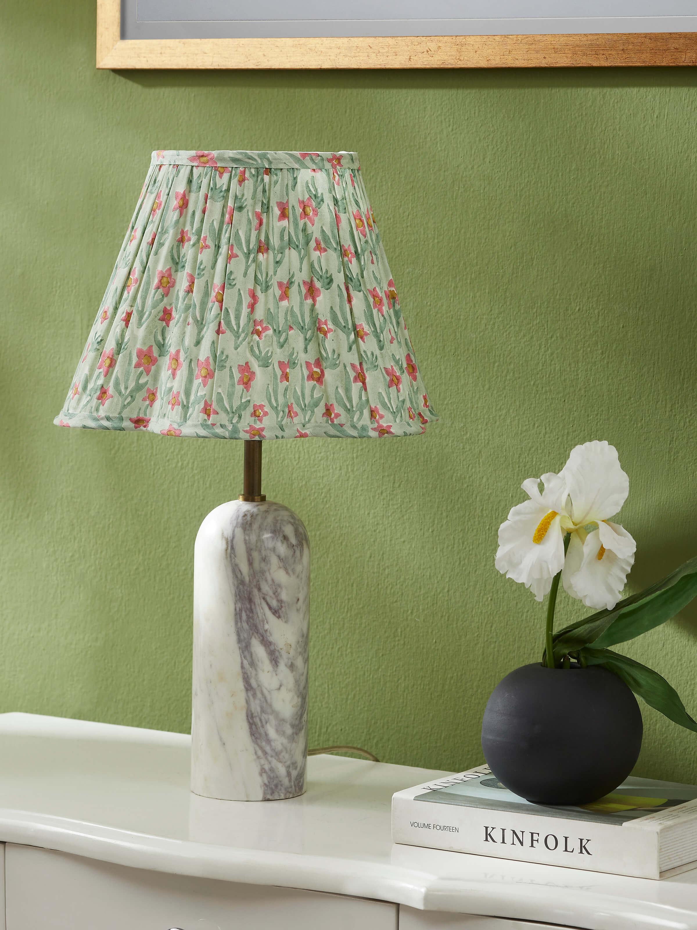 Side view of Block-Printed Cotton Lampshade in Pistachio Color