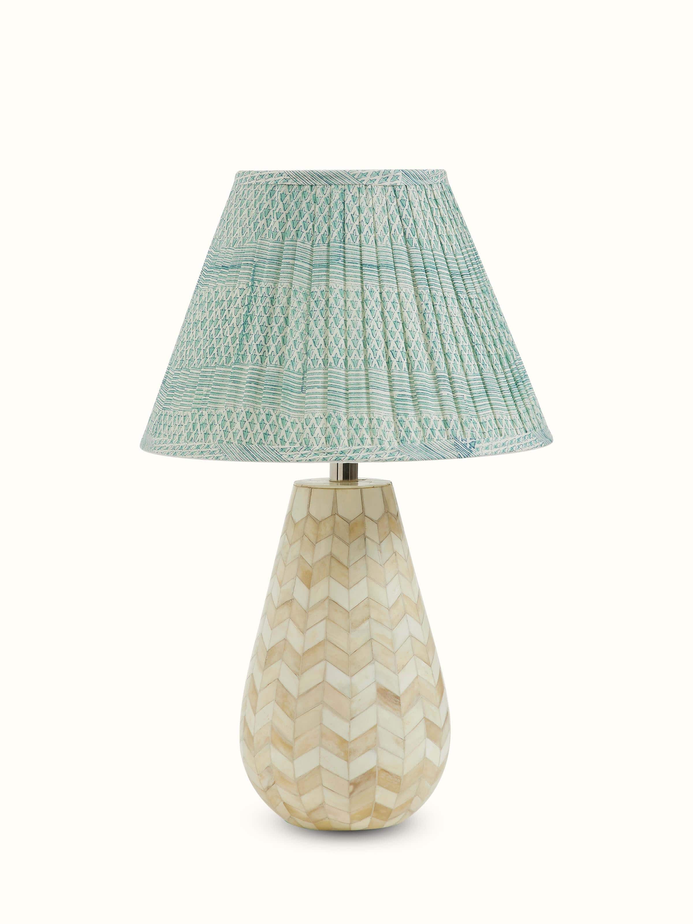 Front view of Block-Printed Pleated Cotton Lampshade in Turquoise Color, showcasing its vibrant print and pleated design