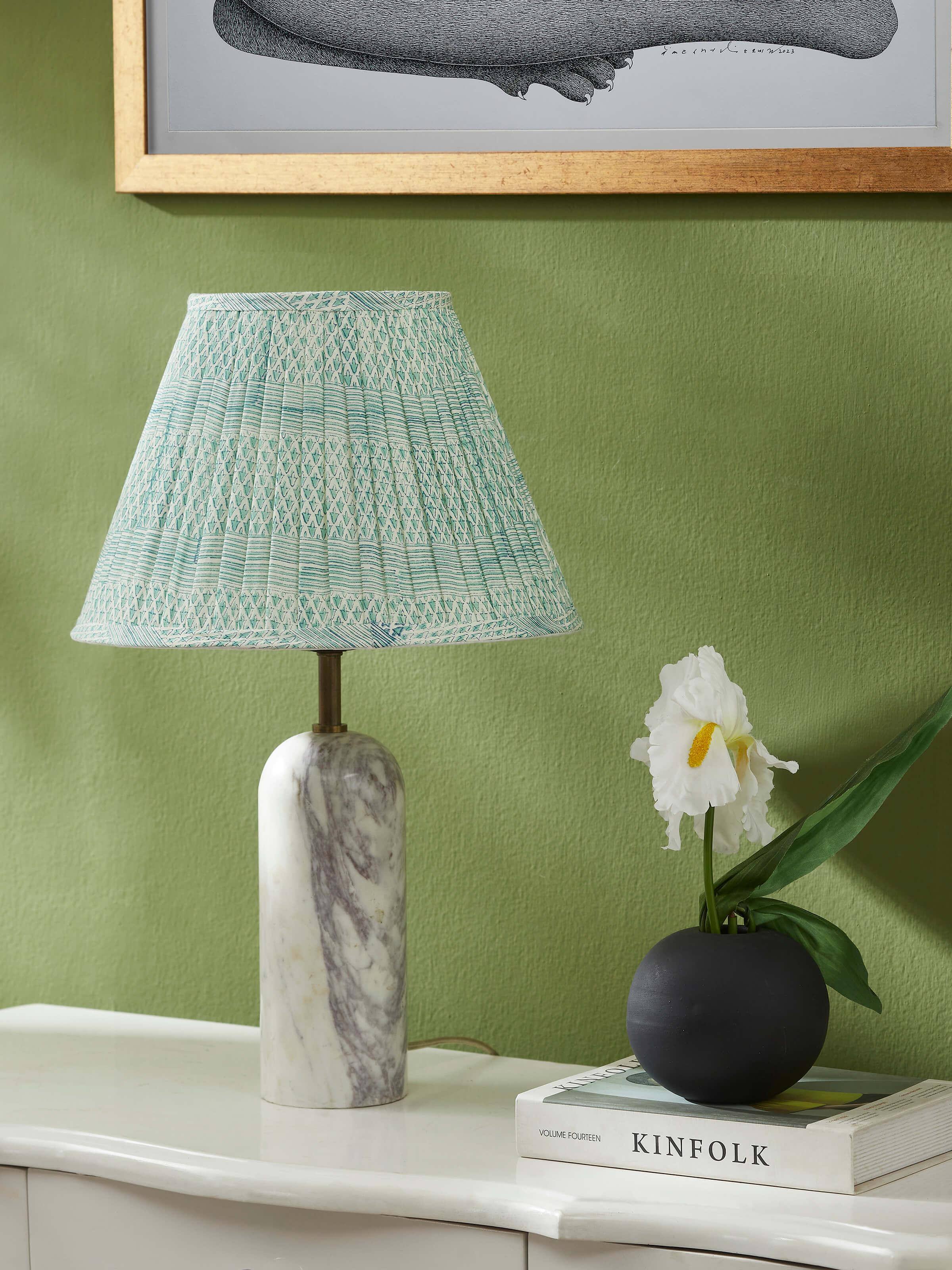 Detailed view of Block-Printed Pleated Cotton Lampshade in Turquoise Color, focusing on the intricate block print patterns