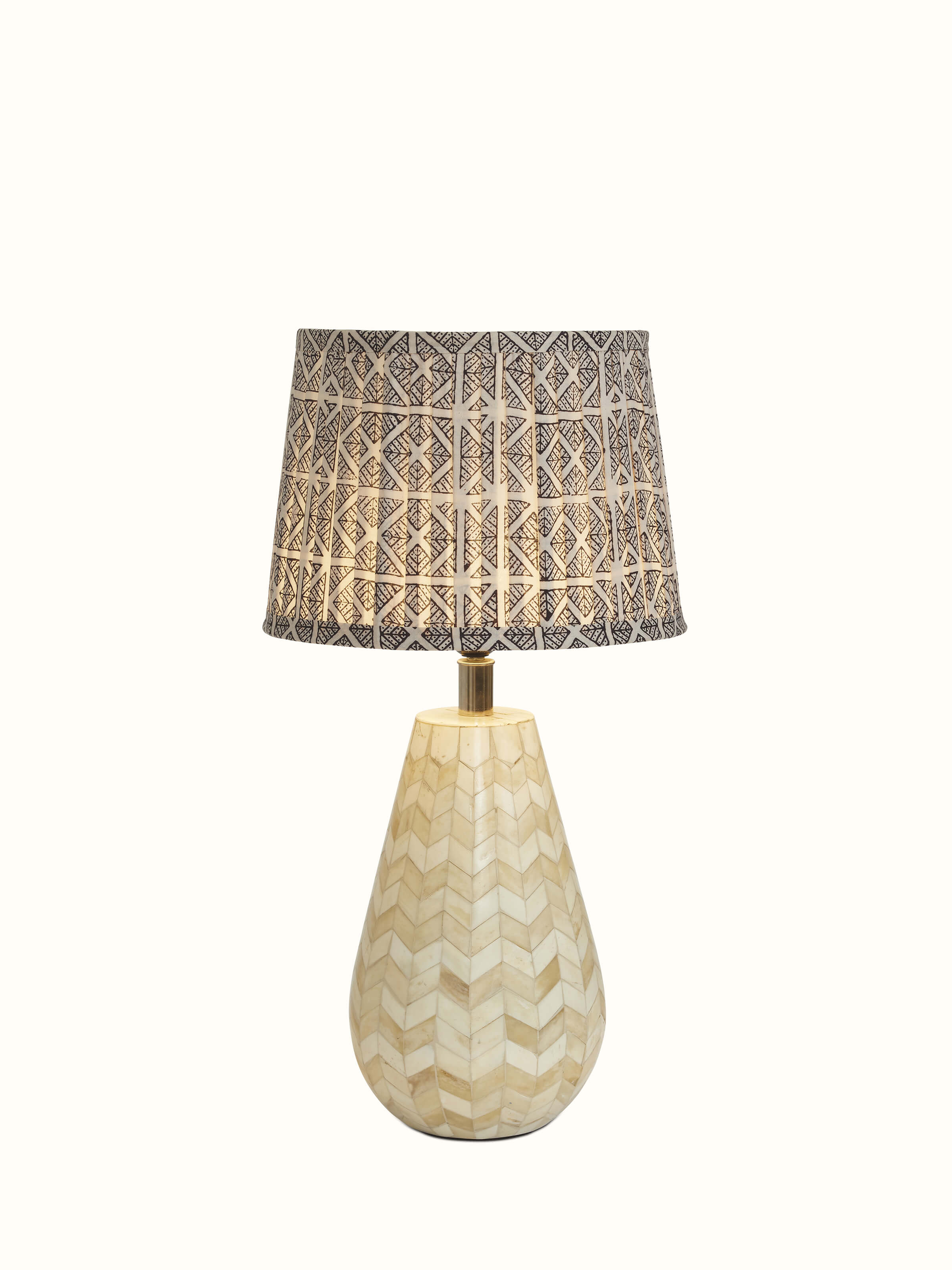 Detailed view of Bagh block-printed cotton lampshade in monochrome showcasing fabric texture and print