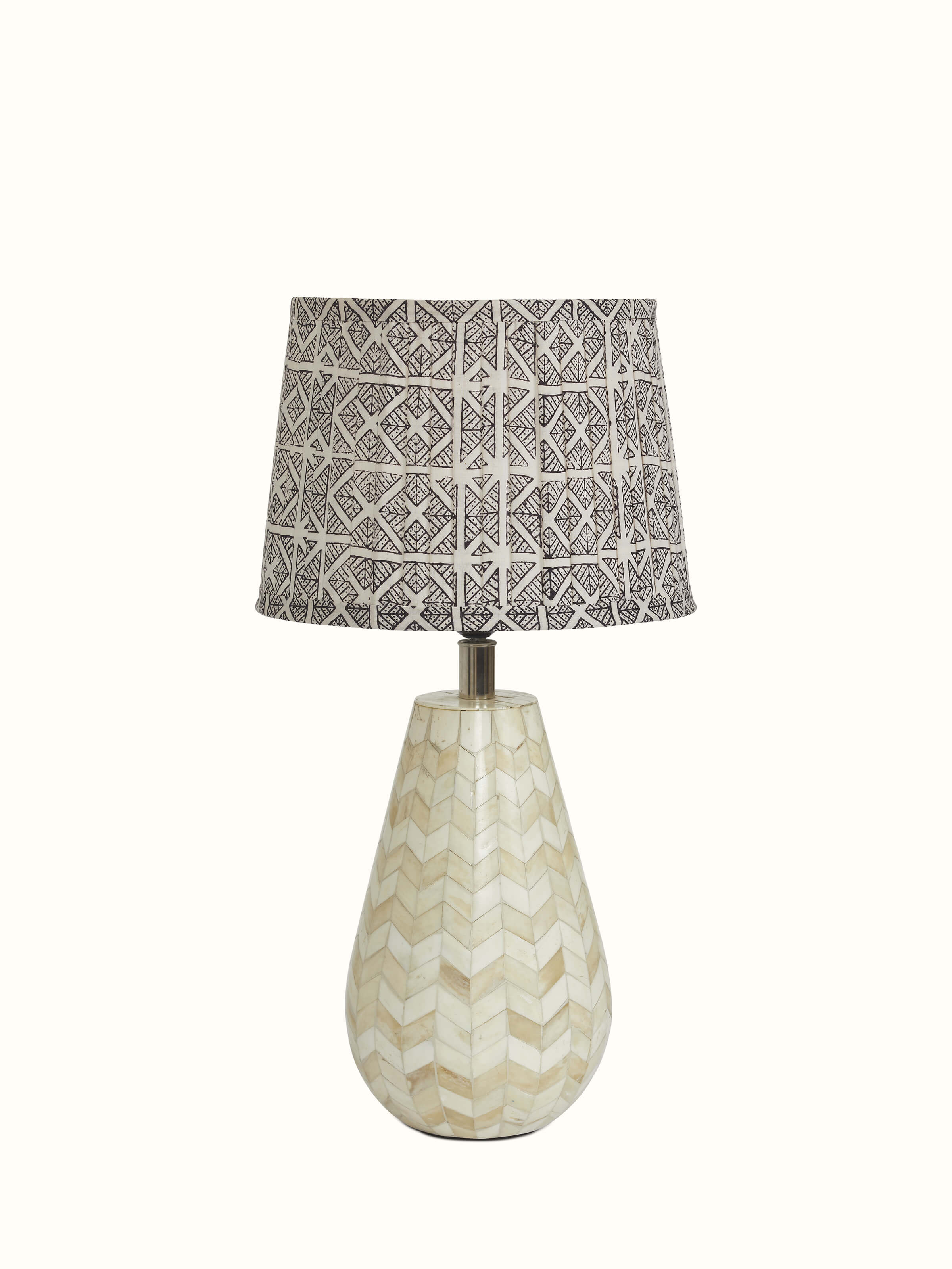 Front view of Bagh block-printed cotton lampshade in monochrome showcasing traditional block printing