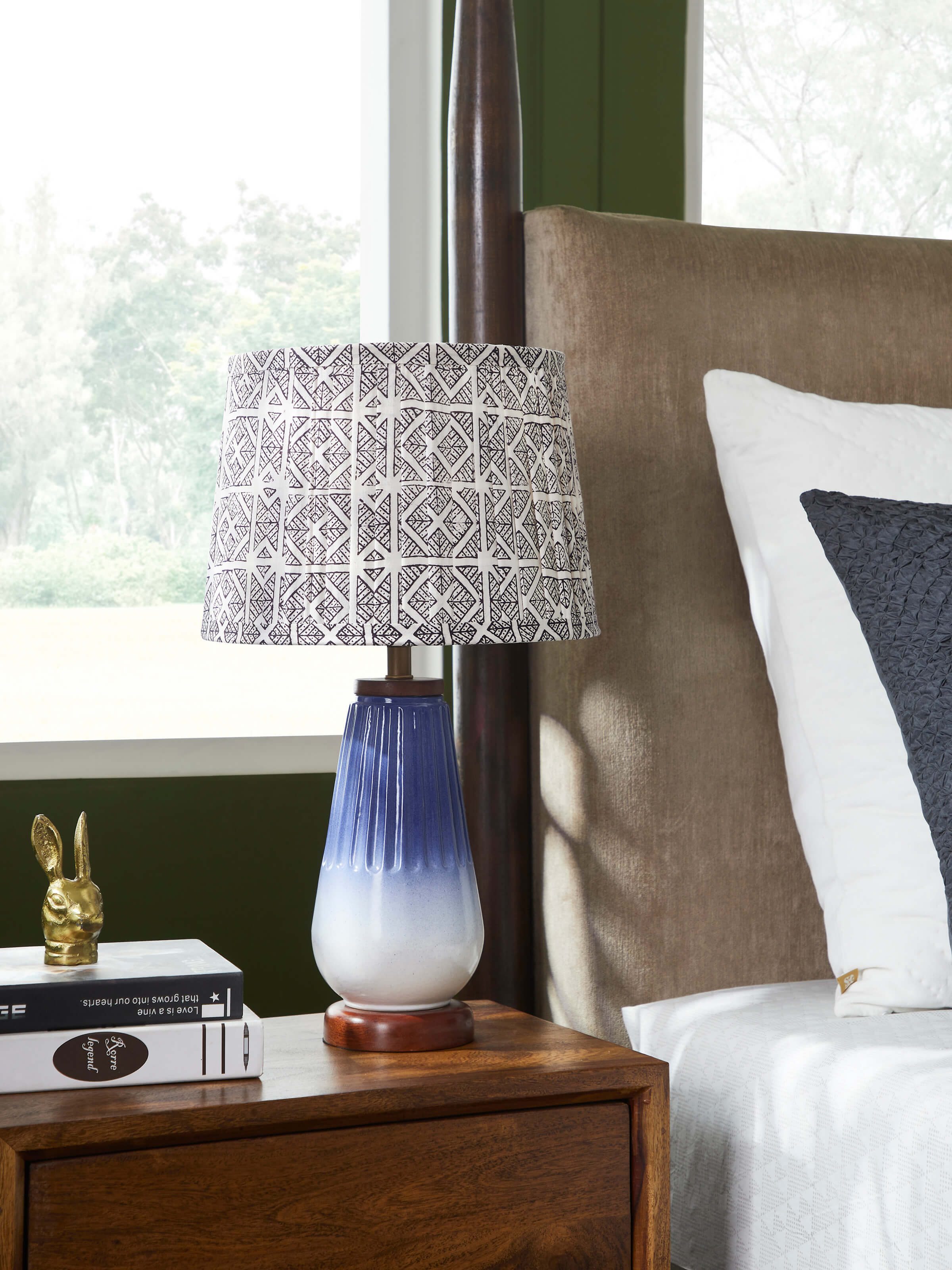 Side view of Bagh block-printed cotton lampshade in monochrome highlighting intricate block print details