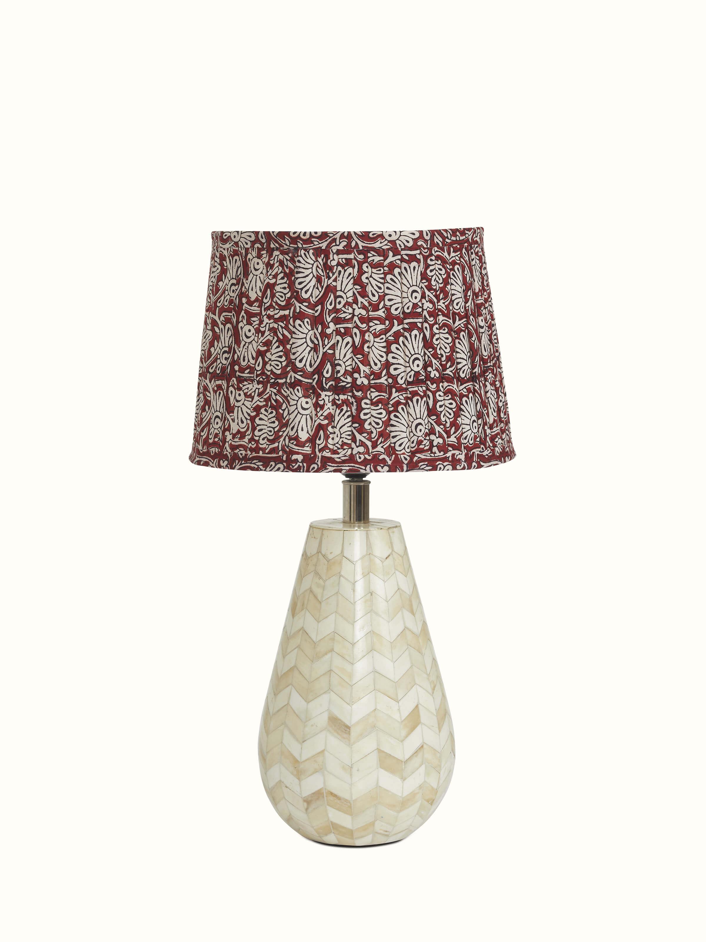 Front view of Bagh Block-Printed Cotton Lampshade in Maroon & White highlighting unique prints.