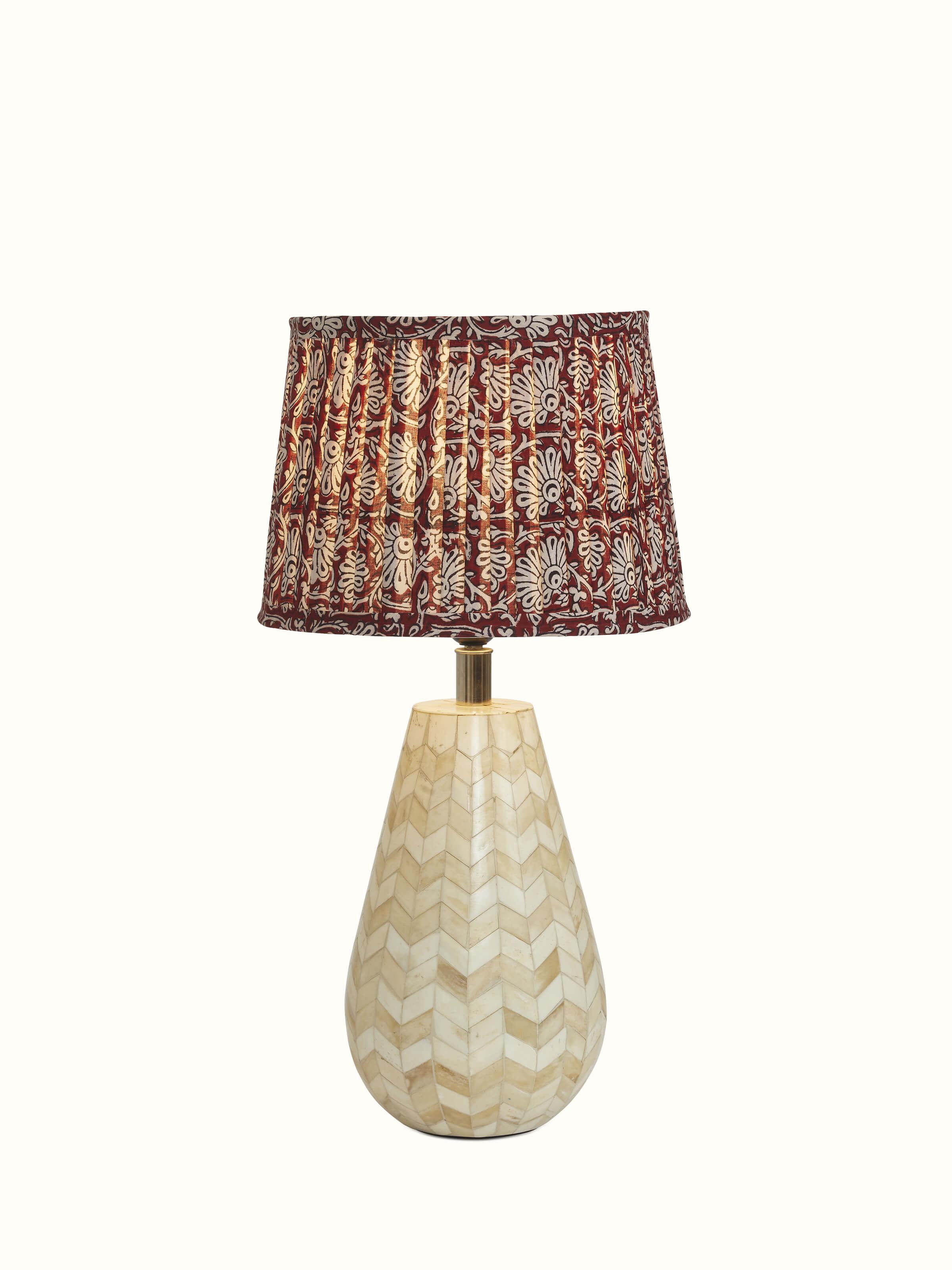 Detailed view of Bagh Block-Printed Cotton Lampshade in Maroon & White highlighting intricate patterns.