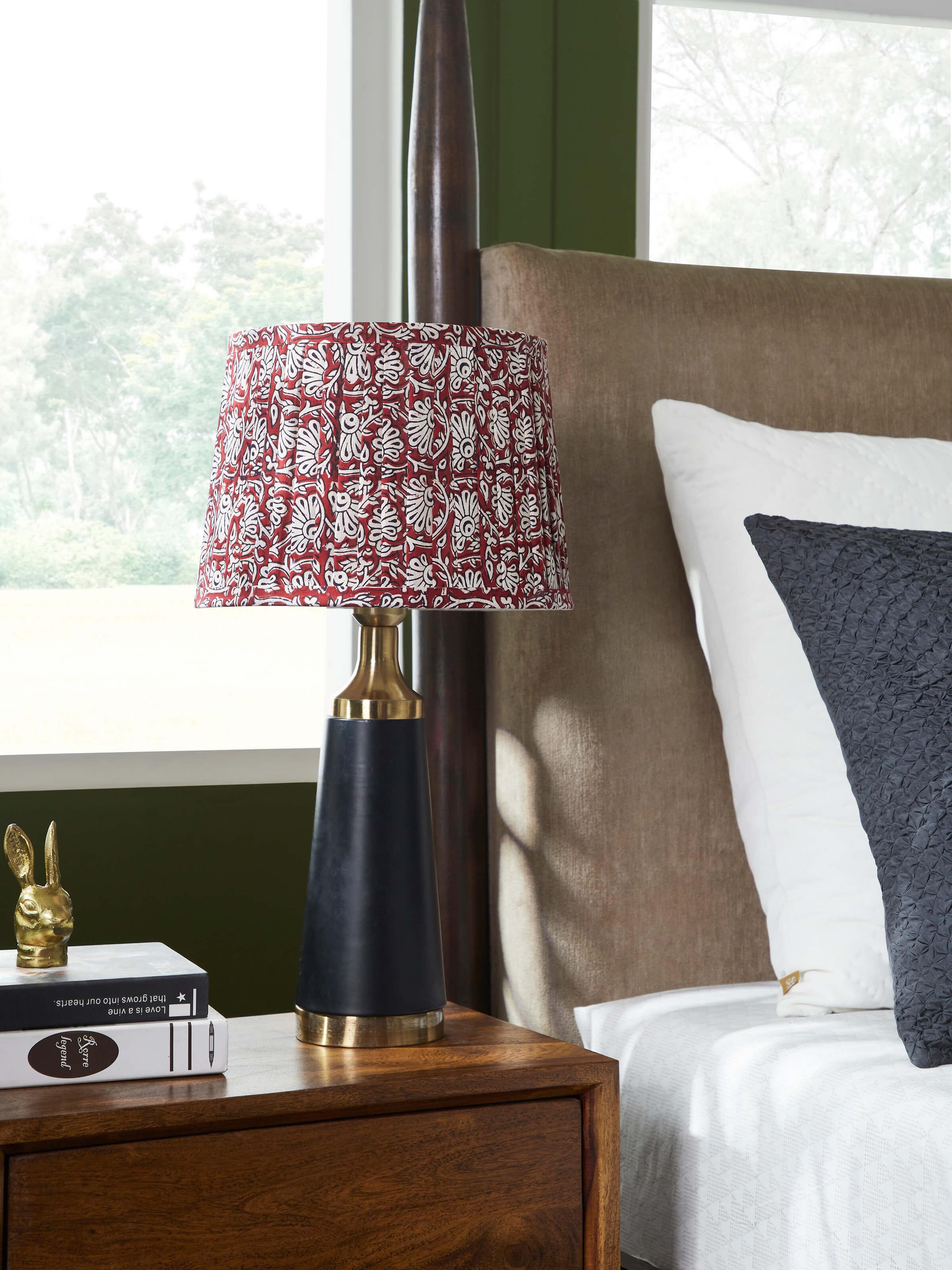 Side view of Bagh Block-Printed Cotton Lampshade in Maroon & White showcasing its artistic design.