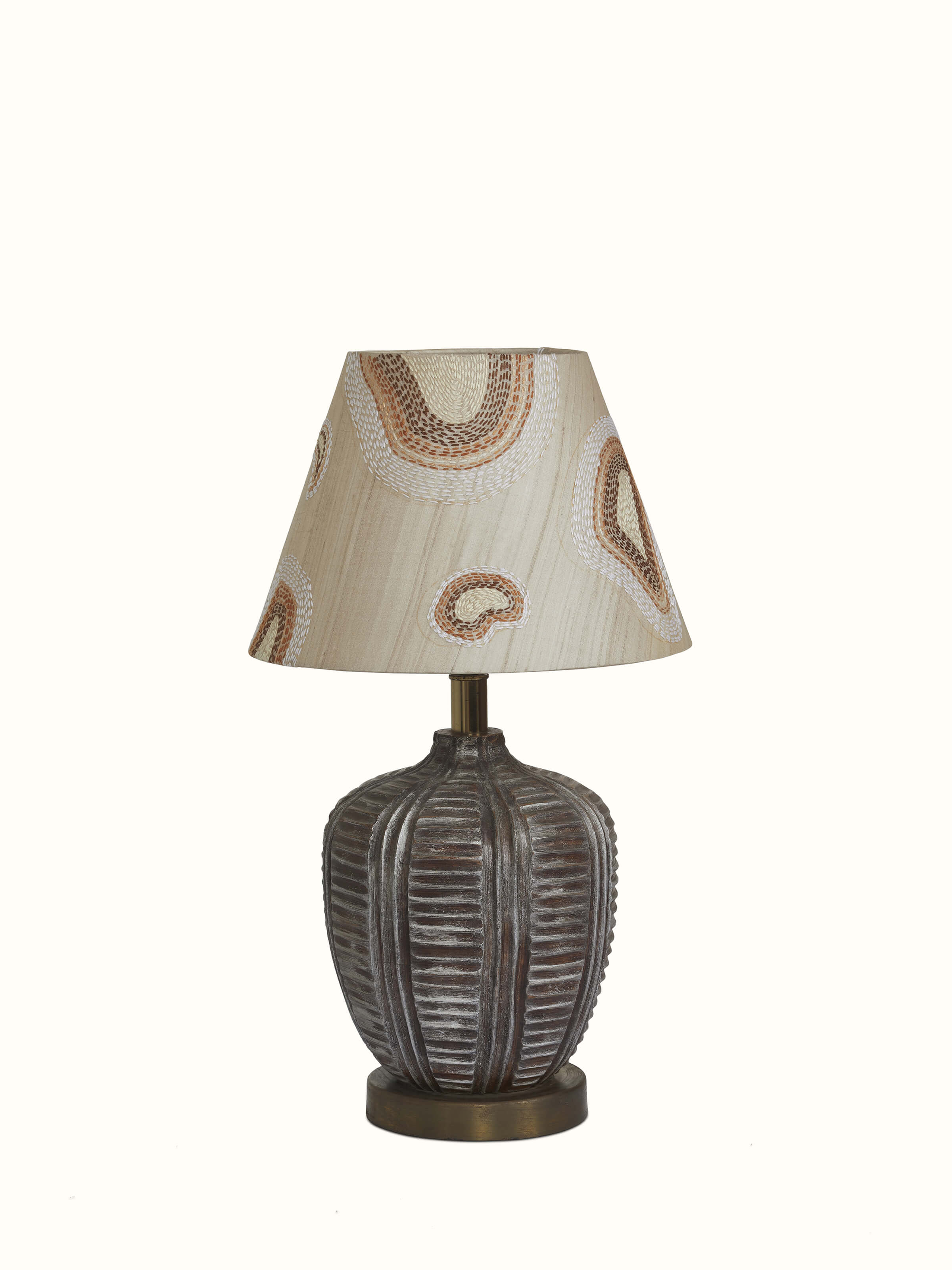 Front view of Sujani embroidered cotton lampshade in brown color showcasing embroidery design