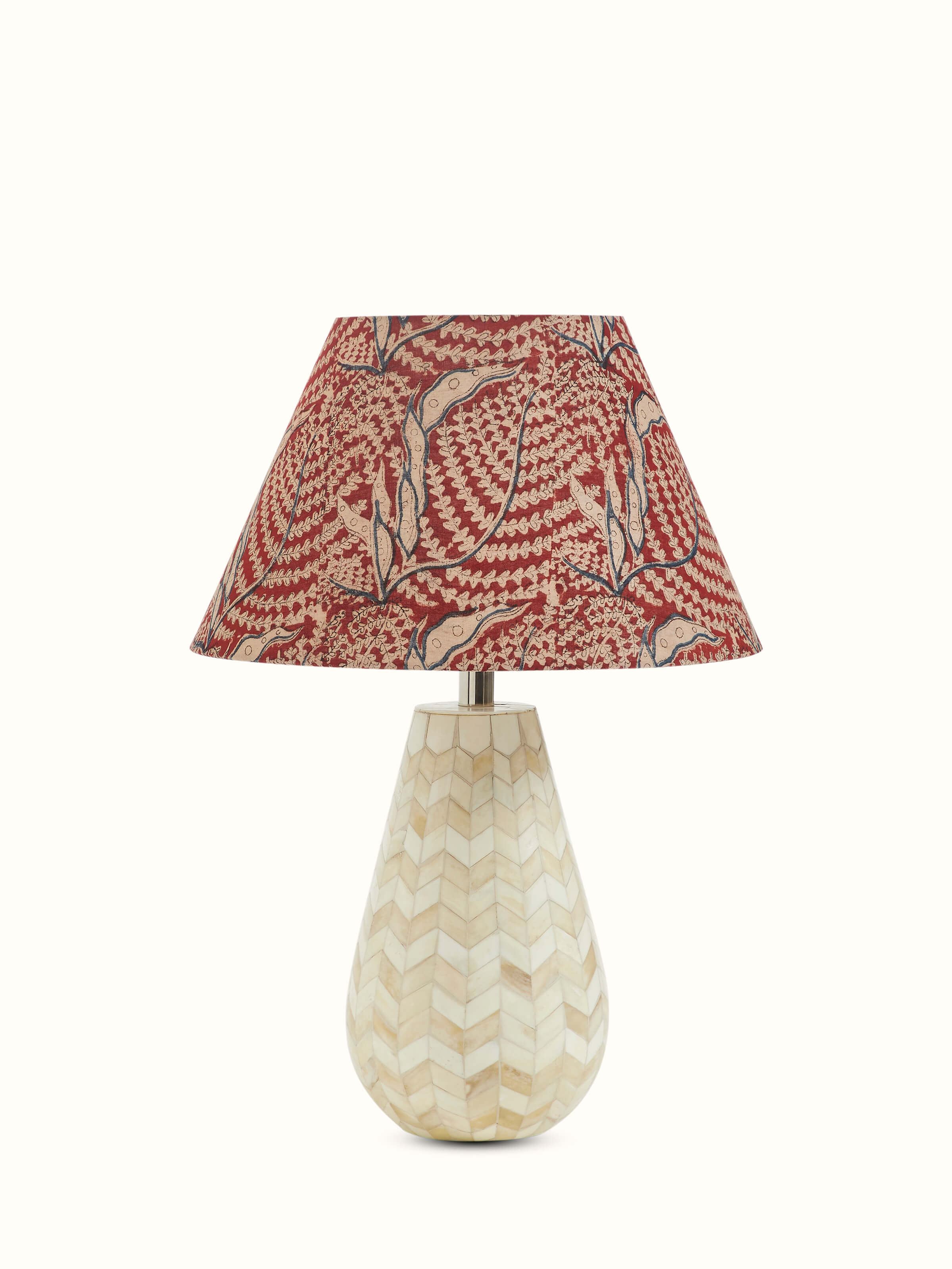 Front view of Kalamkari block-printed cotton lampshade in red color, highlighting the intricate block prints and vibrant color.