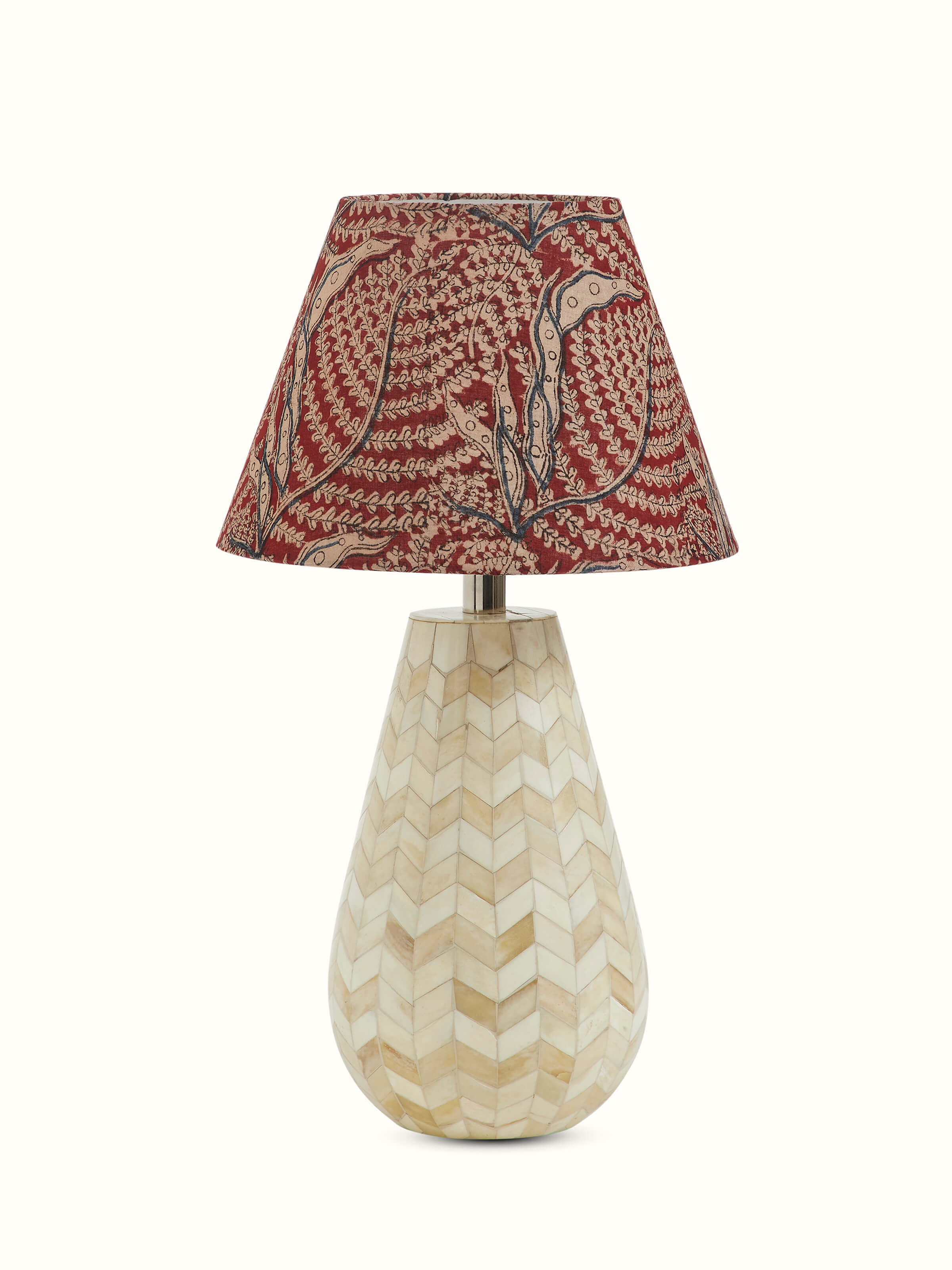 Front view of Kalamkari block-printed cotton lampshade in large maroon color showcasing vibrant traditional patterns