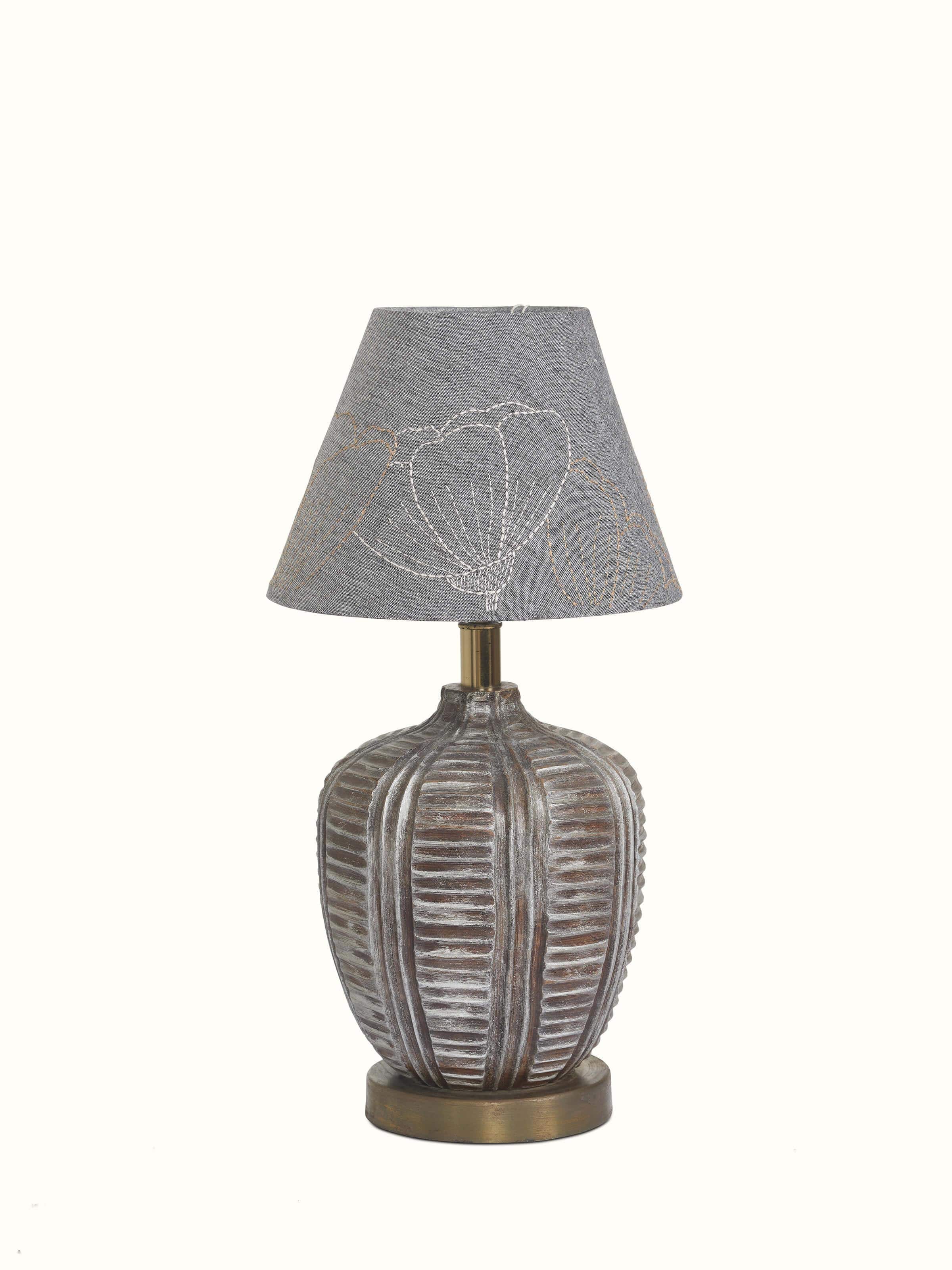 Front view of Sujani embroidered cotton lampshade in medium grey color showcasing detailed embroidery and elegant design