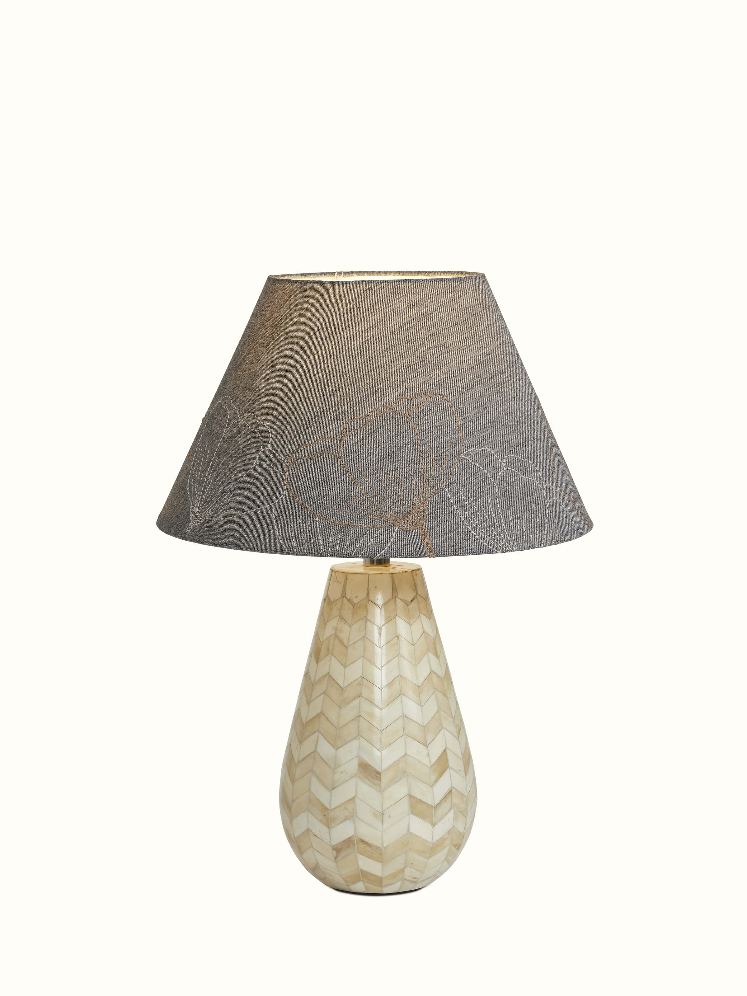 Detailed view of large grey Sujani embroidered cotton lampshade, focusing on the craftsmanship and embroidery.
