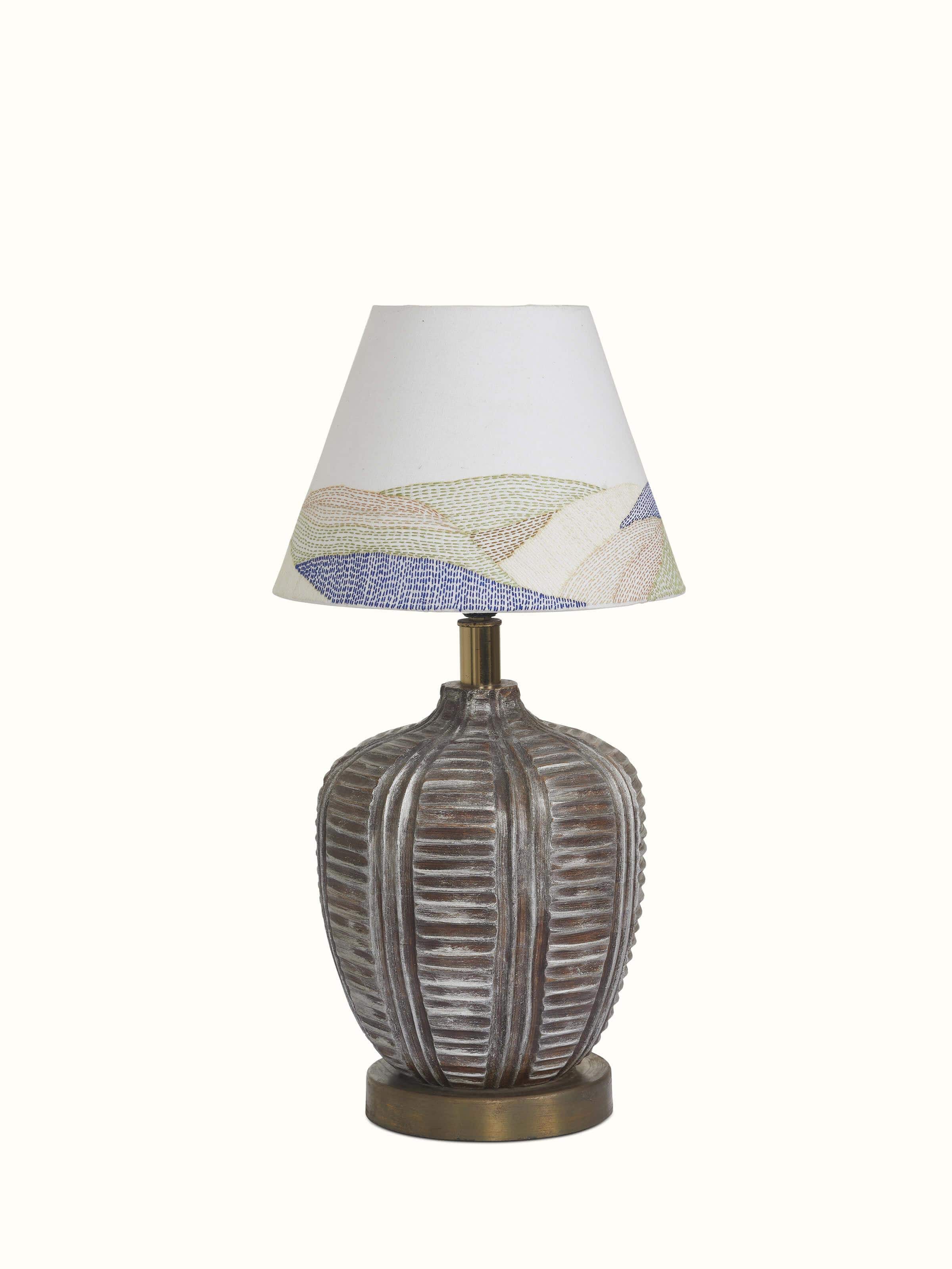 Front view of Sujani Embroidered Cotton Lampshade in medium white color showcasing the delicate embroidery and design.