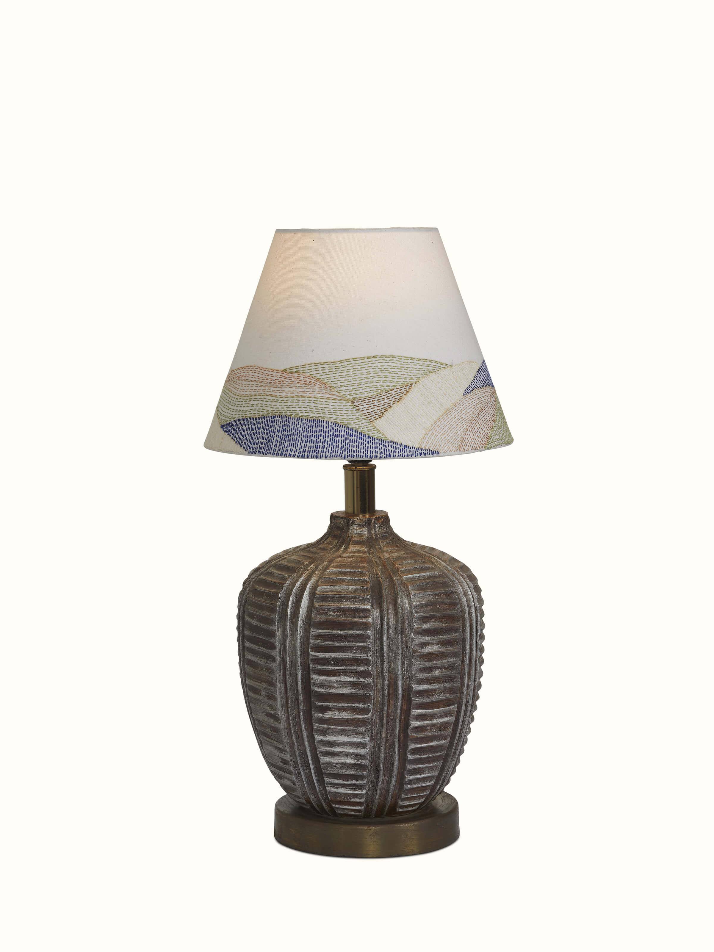 Another front view of Sujani Embroidered Cotton Lampshade in medium white color emphasizing the embroidery and elegant design.