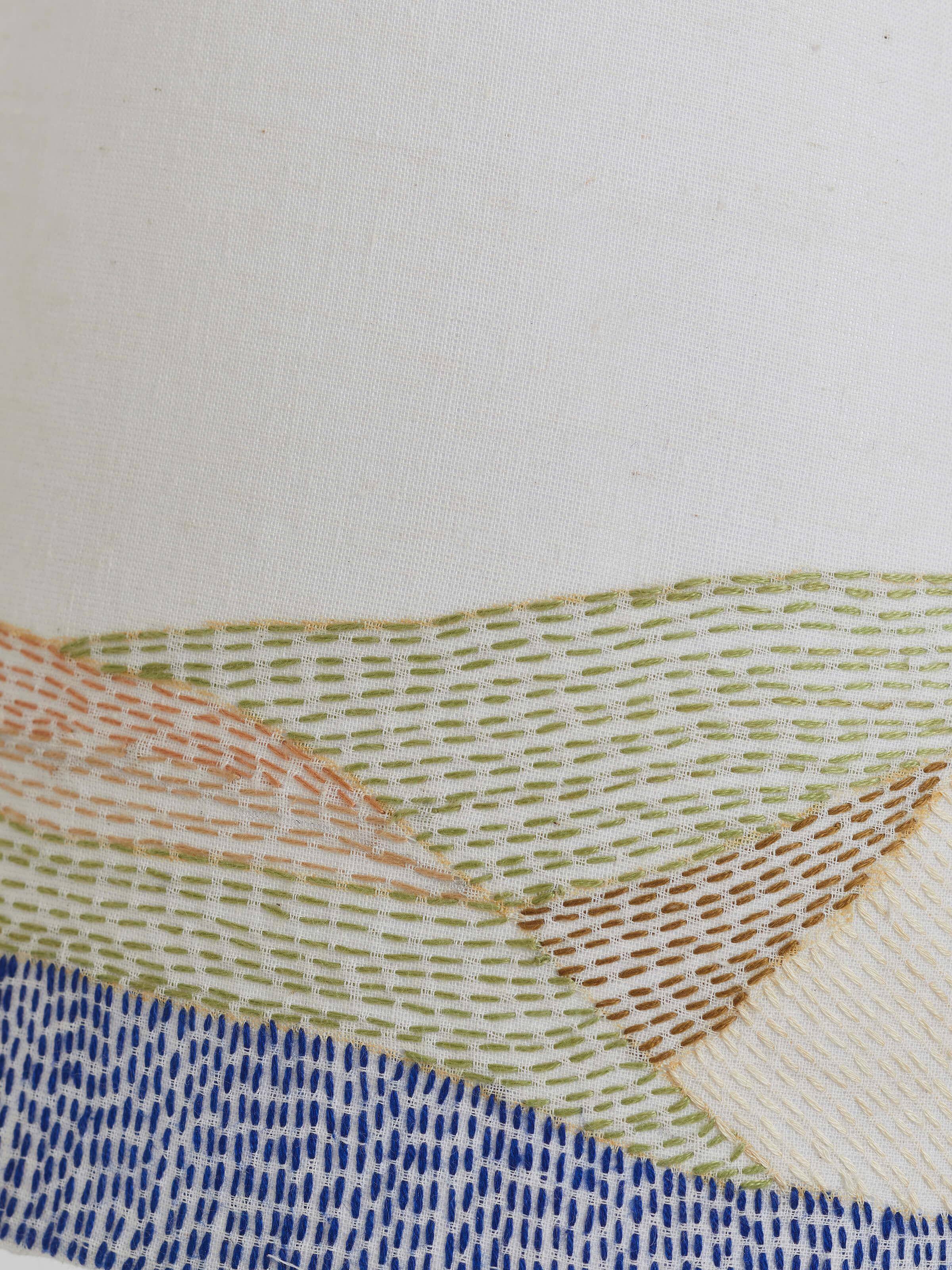 Detail view of Sujani Embroidered Cotton Lampshade in medium white color focusing on the intricate embroidery work.